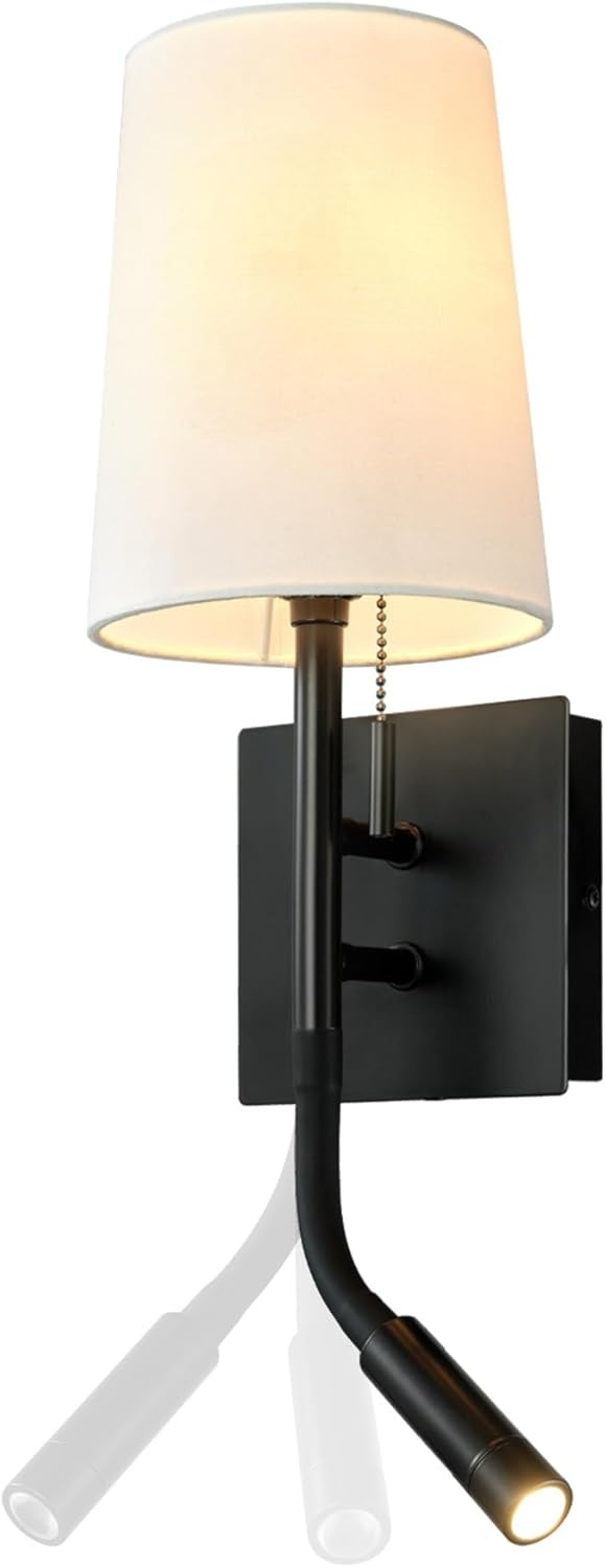 image:imageGlobe Electric 65000132 Rechargeable Battery Wall Sconce Integrated LED Matte Black Finish White Fabric Shade 3Step Touch Dimming Timer USBC Charging Wireless Modern LightingMatte Black White Fabric Shade