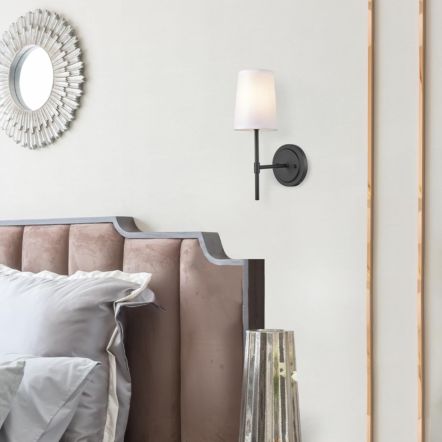 image:imageGlobe Electric 65000132 Rechargeable Battery Wall Sconce Integrated LED Matte Black Finish White Fabric Shade 3Step Touch Dimming Timer USBC Charging Wireless Modern LightingMatte Black White Shade