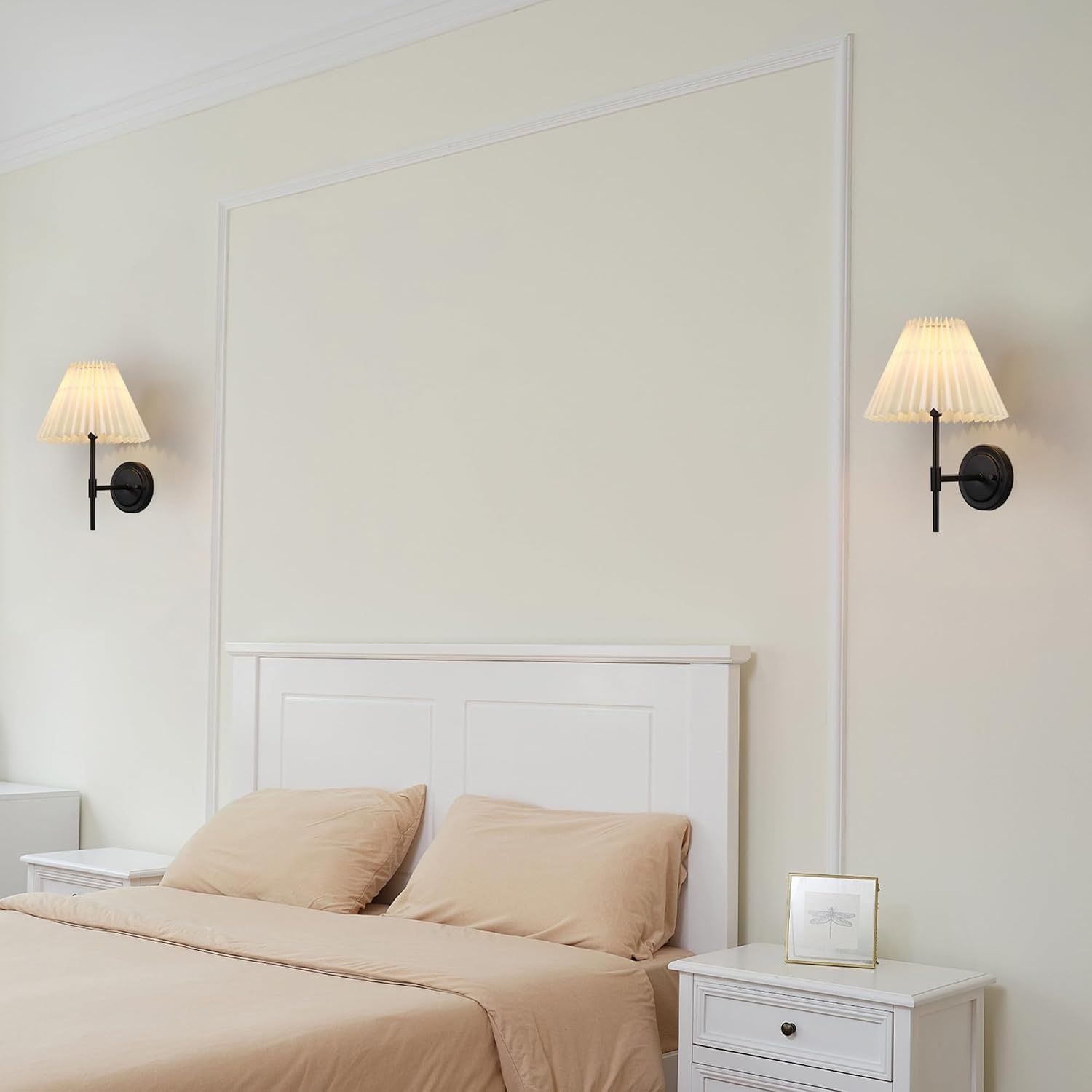 image:imageGlobe Electric 65000132 Rechargeable Battery Wall Sconce Integrated LED Matte Black Finish White Fabric Shade 3Step Touch Dimming Timer USBC Charging Wireless Modern LightingMatte Black White Pleated Shade