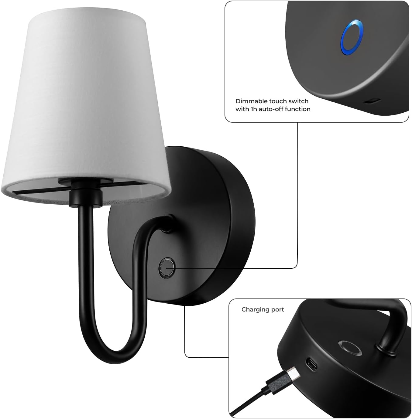 image:imageGlobe Electric 65000132 Rechargeable Battery Wall Sconce Integrated LED Matte Black Finish White Fabric Shade 3Step Touch Dimming Timer USBC Charging Wireless Modern LightingMatte Black Marissa