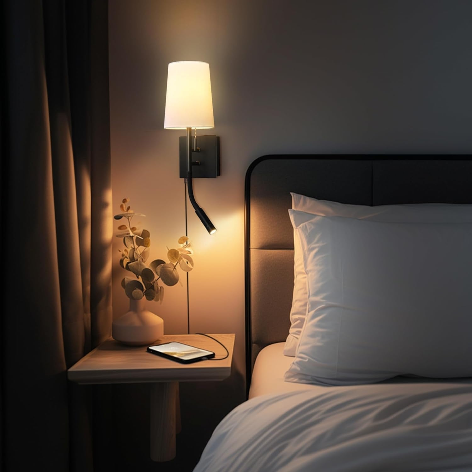 image:imageGlobe Electric 65000132 Rechargeable Battery Wall Sconce Integrated LED Matte Black Finish White Fabric Shade 3Step Touch Dimming Timer USBC Charging Wireless Modern LightingMatte Black White Fabric Shade