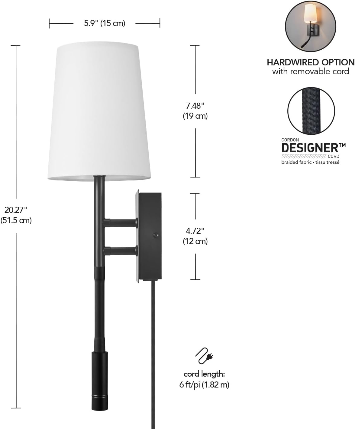 image:imageGlobe Electric 65000132 Rechargeable Battery Wall Sconce Integrated LED Matte Black Finish White Fabric Shade 3Step Touch Dimming Timer USBC Charging Wireless Modern LightingMatte Black White Fabric Shade