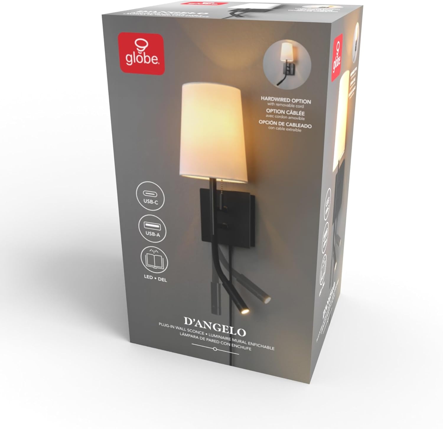 image:imageGlobe Electric 65000132 Rechargeable Battery Wall Sconce Integrated LED Matte Black Finish White Fabric Shade 3Step Touch Dimming Timer USBC Charging Wireless Modern LightingMatte Black White Fabric Shade