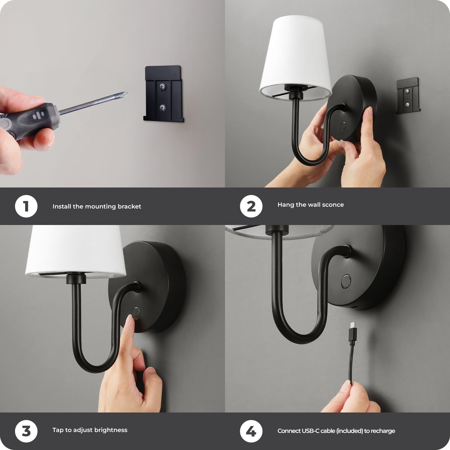 image:imageGlobe Electric 65000132 Rechargeable Battery Wall Sconce Integrated LED Matte Black Finish White Fabric Shade 3Step Touch Dimming Timer USBC Charging Wireless Modern LightingMatte Black Marissa
