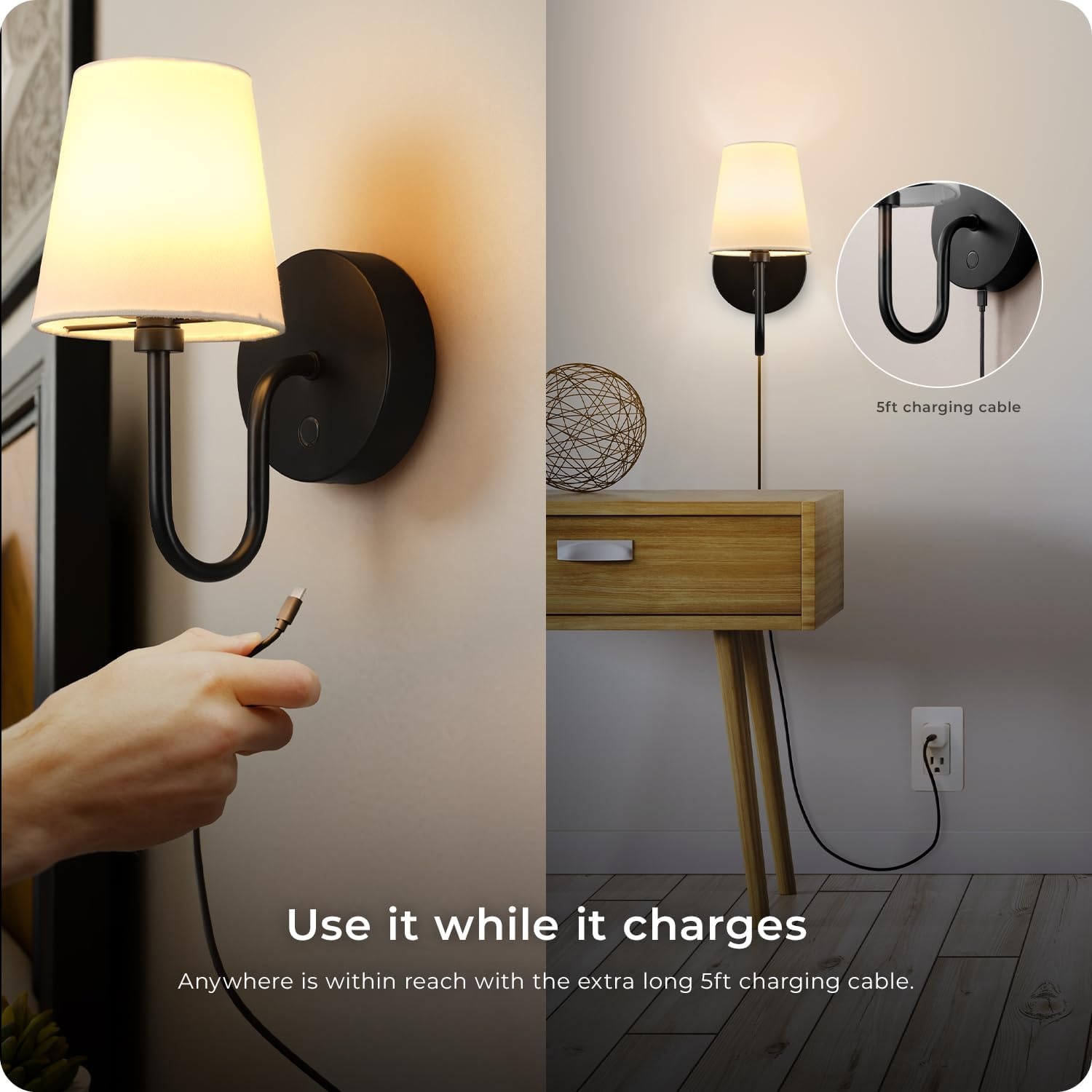 image:imageGlobe Electric 65000132 Rechargeable Battery Wall Sconce Integrated LED Matte Black Finish White Fabric Shade 3Step Touch Dimming Timer USBC Charging Wireless Modern LightingMatte Black Marissa