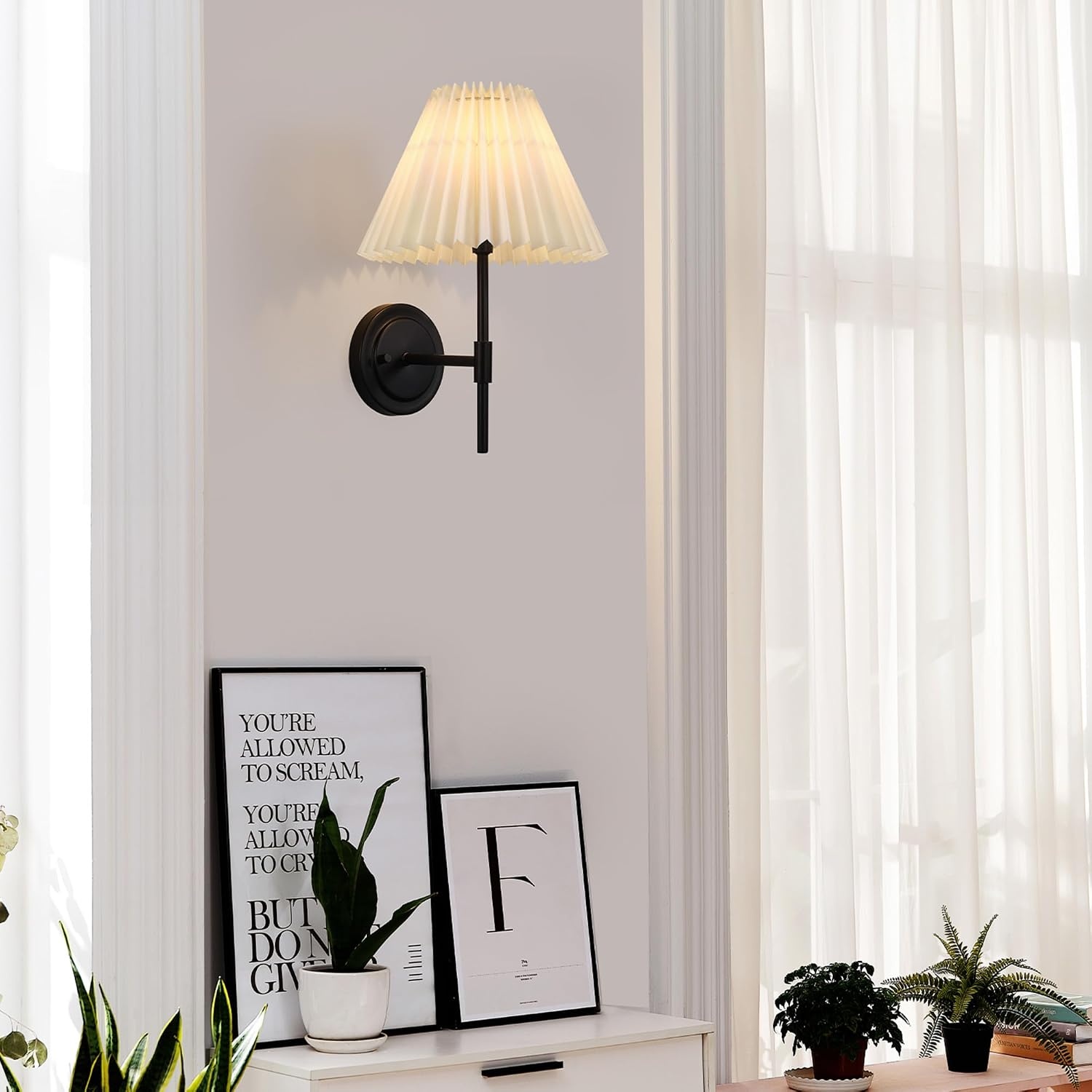 image:imageGlobe Electric 65000132 Rechargeable Battery Wall Sconce Integrated LED Matte Black Finish White Fabric Shade 3Step Touch Dimming Timer USBC Charging Wireless Modern LightingMatte Black White Pleated Shade