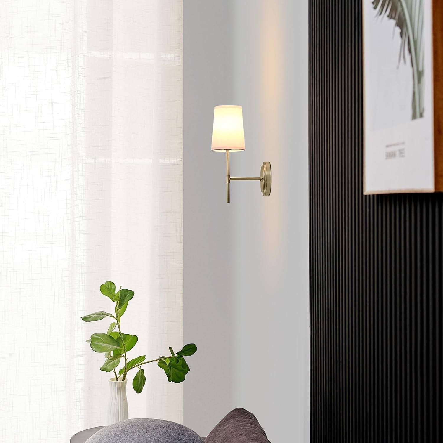 image:imageGlobe Electric 65000132 Rechargeable Battery Wall Sconce Integrated LED Matte Black Finish White Fabric Shade 3Step Touch Dimming Timer USBC Charging Wireless Modern LightingMatte Brass White Shade