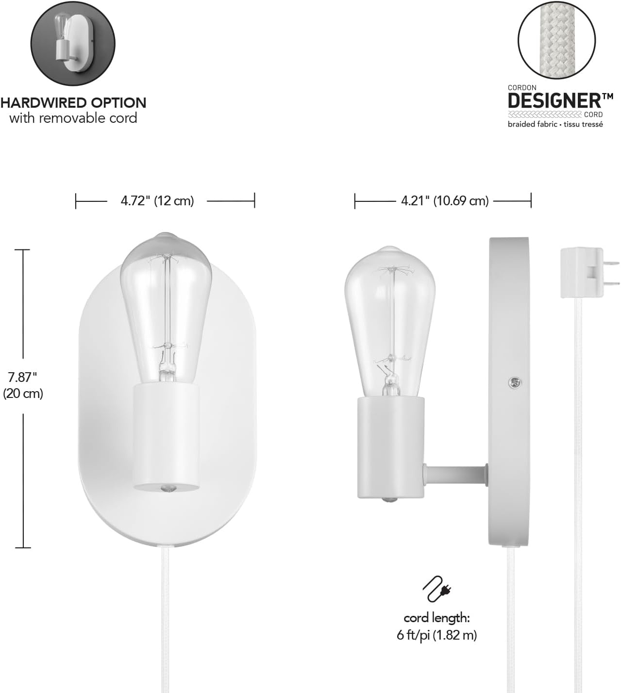 image:imageGlobe Electric 65000134 1Light Plugin or Hardwire Wall Sconce Matte White 6ft White Fabric Covered Cord Inline OnOff Rocker Switch Bedroom Living Room Mounted Lamp