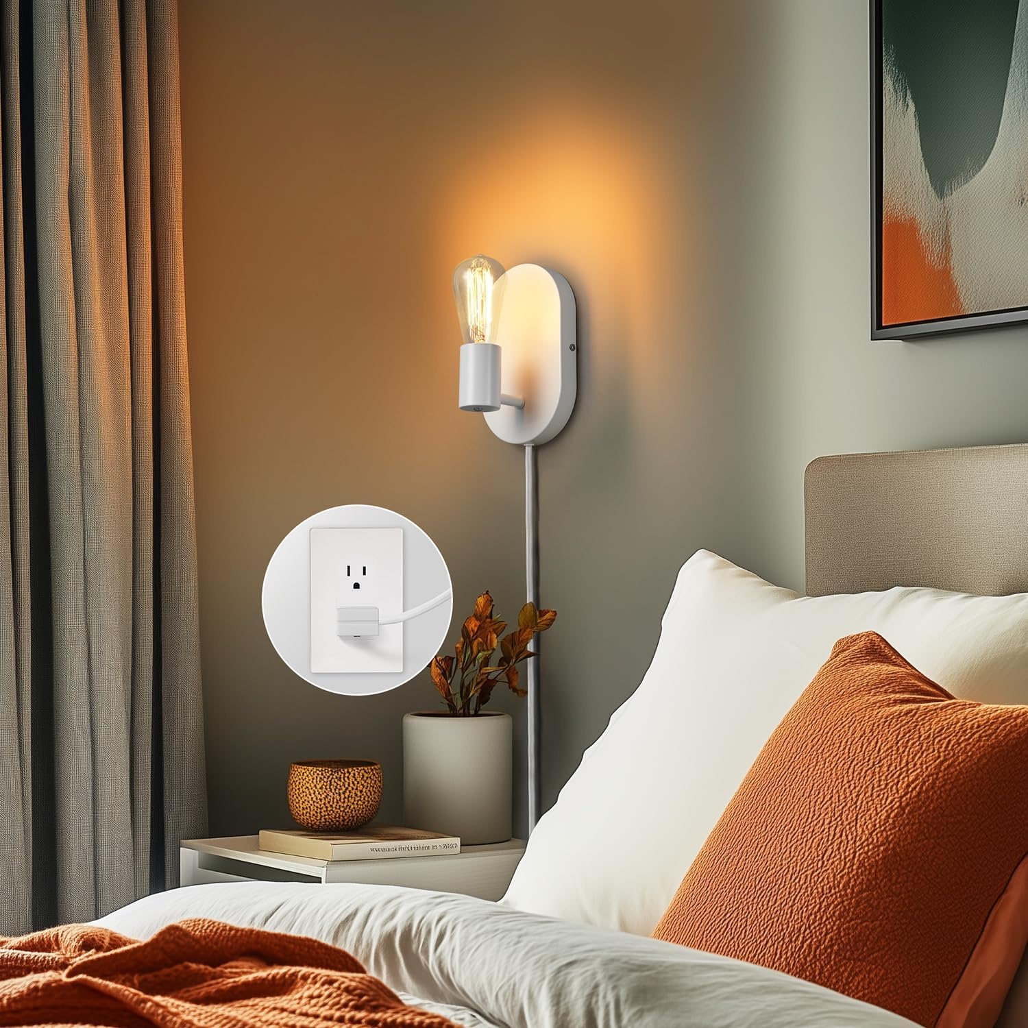 image:imageGlobe Electric 65000134 1Light Plugin or Hardwire Wall Sconce Matte White 6ft White Fabric Covered Cord Inline OnOff Rocker Switch Bedroom Living Room Mounted Lamp