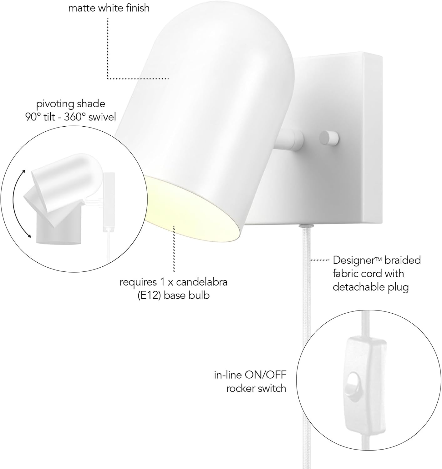image:imageGlobe Electric 65000146 1Light Plugin or Hardwire Wall Sconce Matte White 6ft White Braided Fabric Cord inLine Rocker Switch Wall Lights for Living Room Home Dcor