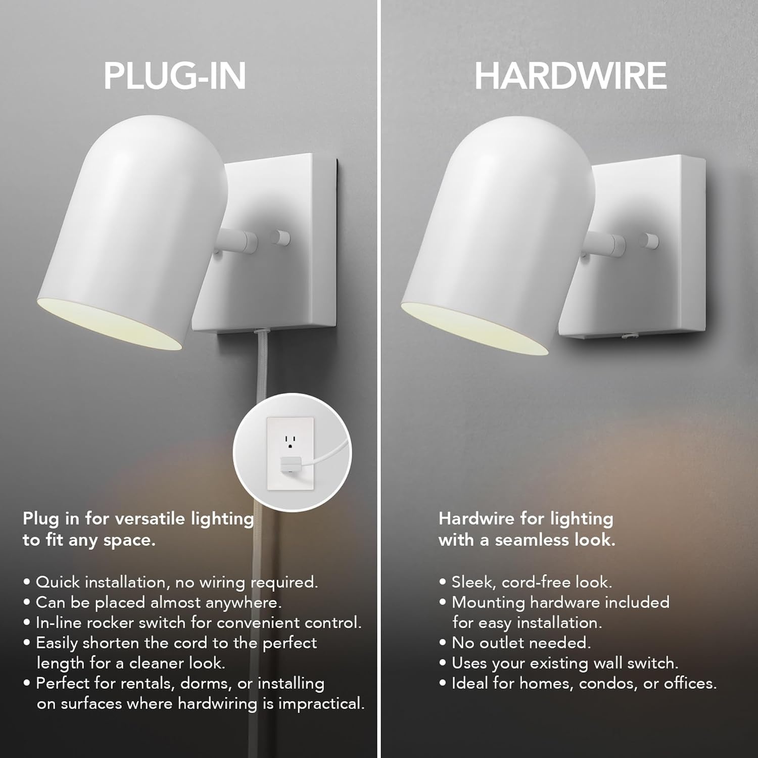 image:imageGlobe Electric 65000146 1Light Plugin or Hardwire Wall Sconce Matte White 6ft White Braided Fabric Cord inLine Rocker Switch Wall Lights for Living Room Home Dcor