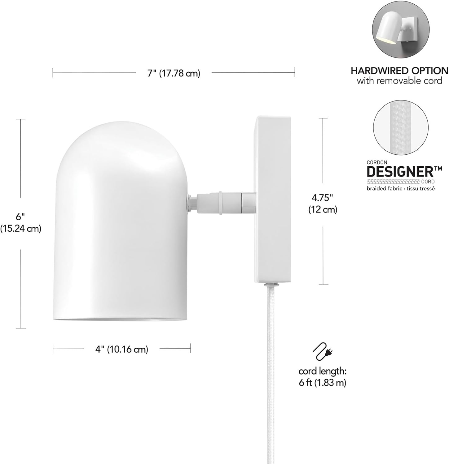 image:imageGlobe Electric 65000146 1Light Plugin or Hardwire Wall Sconce Matte White 6ft White Braided Fabric Cord inLine Rocker Switch Wall Lights for Living Room Home Dcor