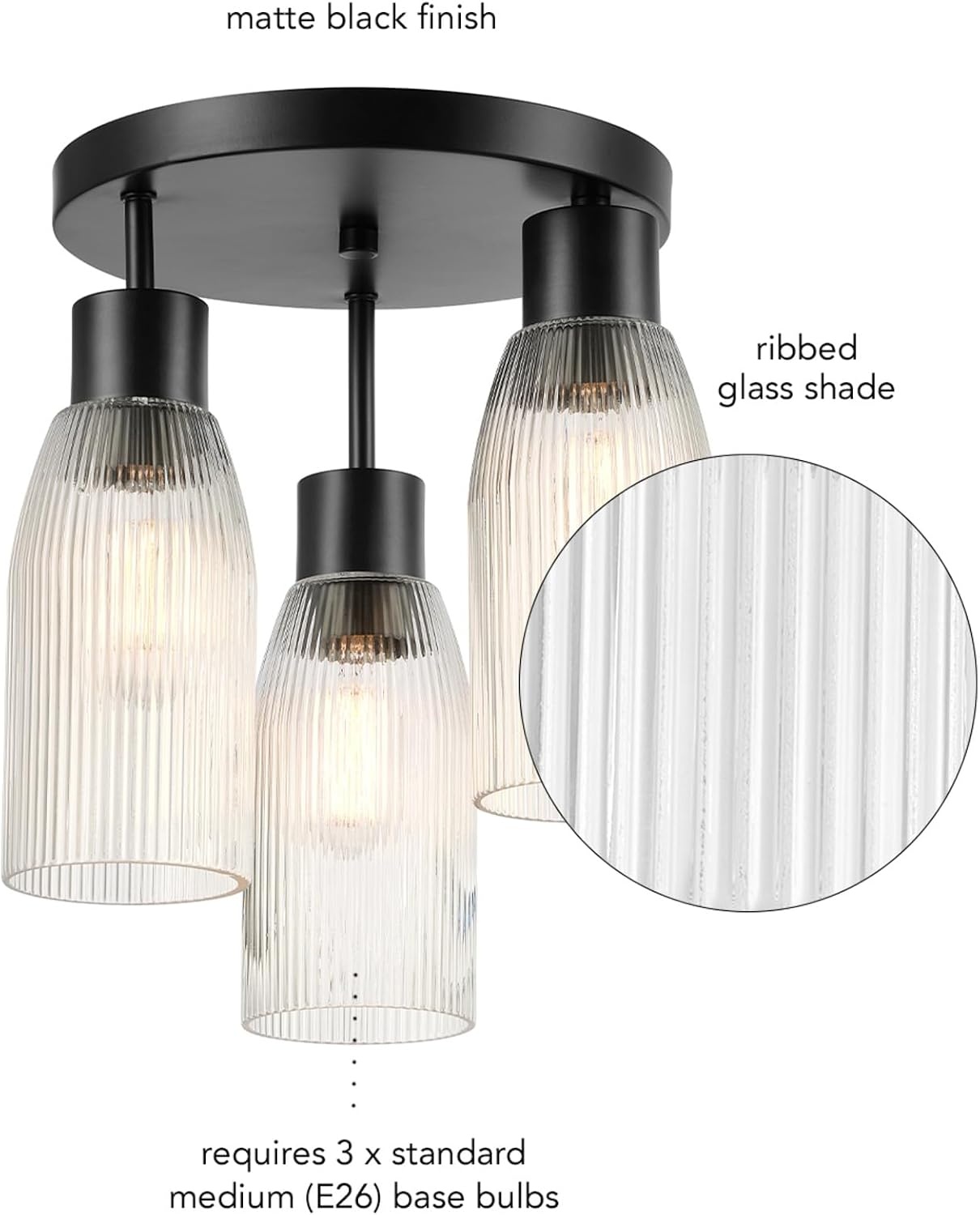 image:imageGlobe Electric 65457 3Light Flush Mount Ceiling Light Matte Gold Clear Glass Shades Bedroom Lighting Fixtures Ceiling Dining Room Fixture Timeless Lighting for Hallway or Dining RoomMatte Black Clear Ribbed Glas