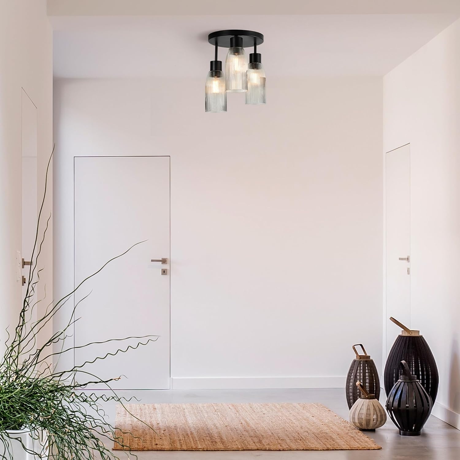 image:imageGlobe Electric 65457 3Light Flush Mount Ceiling Light Matte Gold Clear Glass Shades Bedroom Lighting Fixtures Ceiling Dining Room Fixture Timeless Lighting for Hallway or Dining RoomMatte Black Clear Ribbed Glas