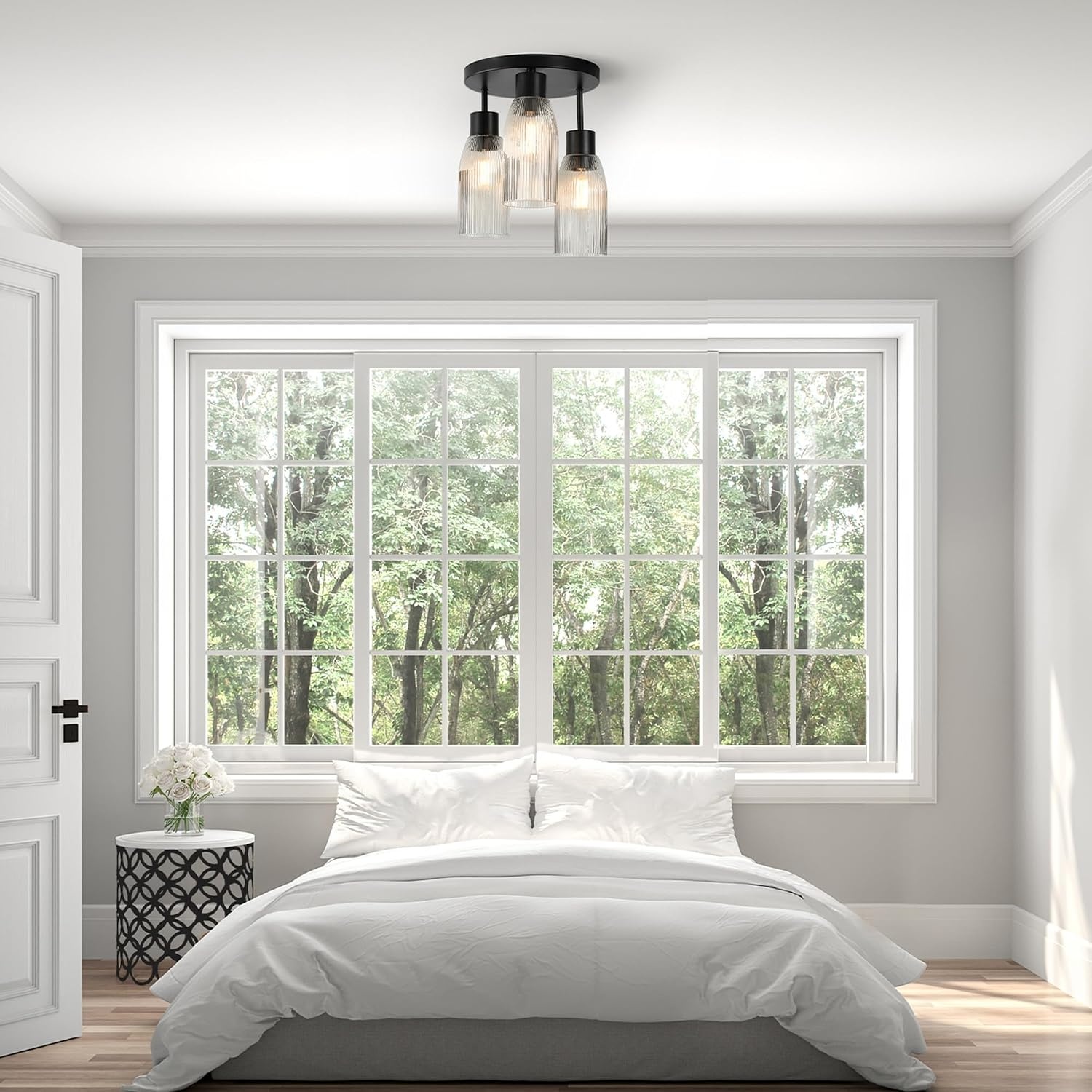 image:imageGlobe Electric 65457 3Light Flush Mount Ceiling Light Matte Gold Clear Glass Shades Bedroom Lighting Fixtures Ceiling Dining Room Fixture Timeless Lighting for Hallway or Dining RoomMatte Black Clear Ribbed Glas