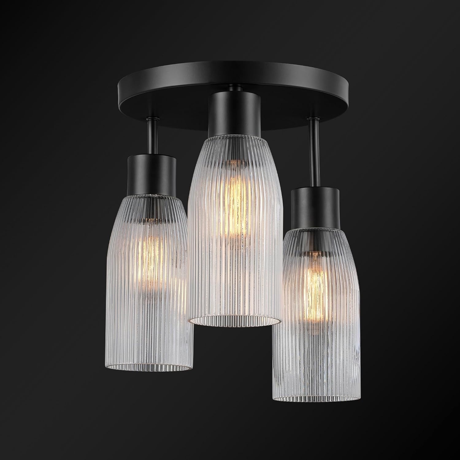 image:imageGlobe Electric 65457 3Light Flush Mount Ceiling Light Matte Gold Clear Glass Shades Bedroom Lighting Fixtures Ceiling Dining Room Fixture Timeless Lighting for Hallway or Dining RoomMatte Black Clear Ribbed Glas