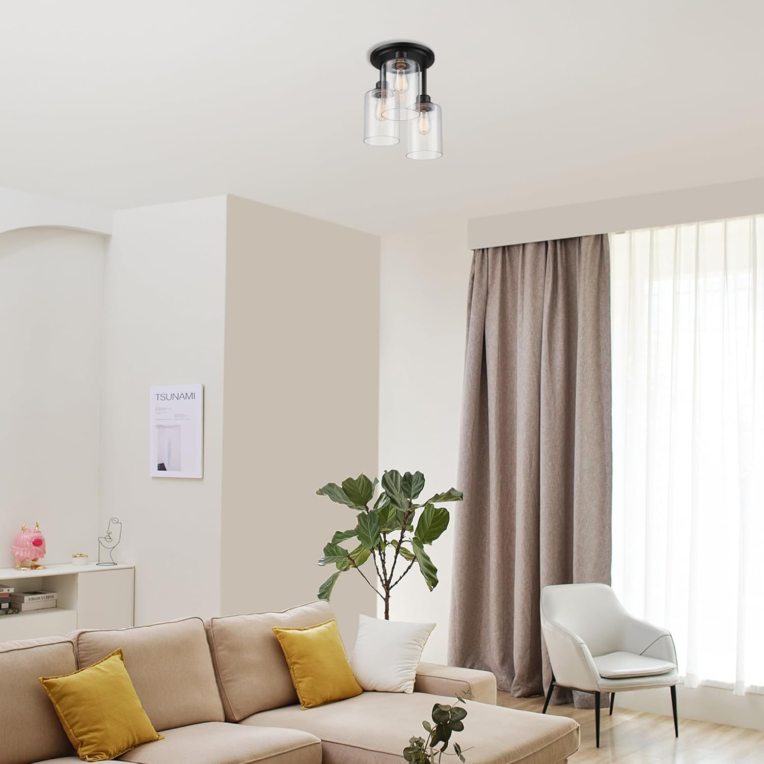 image:imageGlobe Electric 65457 3Light Flush Mount Ceiling Light Matte Gold Clear Glass Shades Bedroom Lighting Fixtures Ceiling Dining Room Fixture Timeless Lighting for Hallway or Dining RoomMatte Black