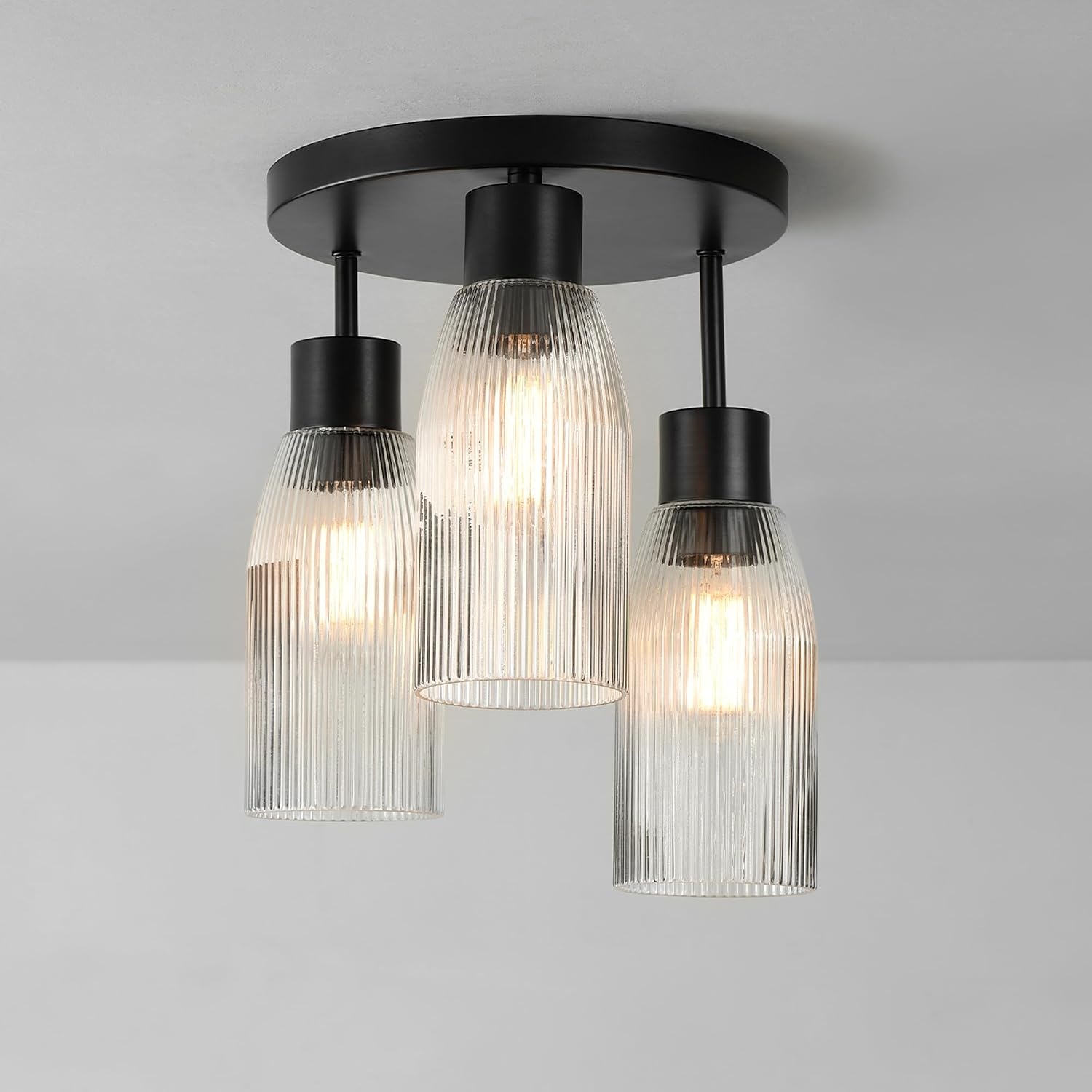 image:imageGlobe Electric 65457 3Light Flush Mount Ceiling Light Matte Gold Clear Glass Shades Bedroom Lighting Fixtures Ceiling Dining Room Fixture Timeless Lighting for Hallway or Dining RoomMatte Black Clear Ribbed Glas