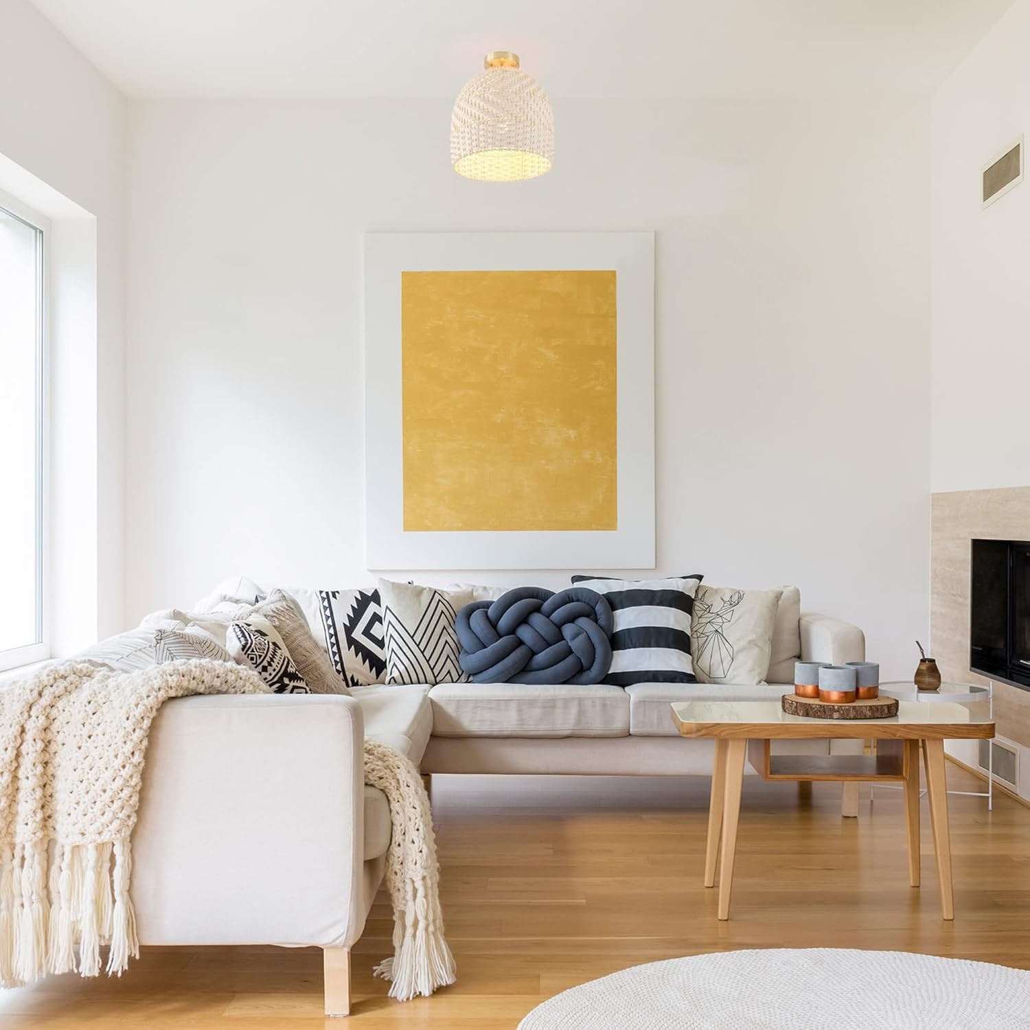 image:imageGlobe Electric 65790 1Light Flush Mount Ceiling Light Matte Brass Cream Rattan Shade