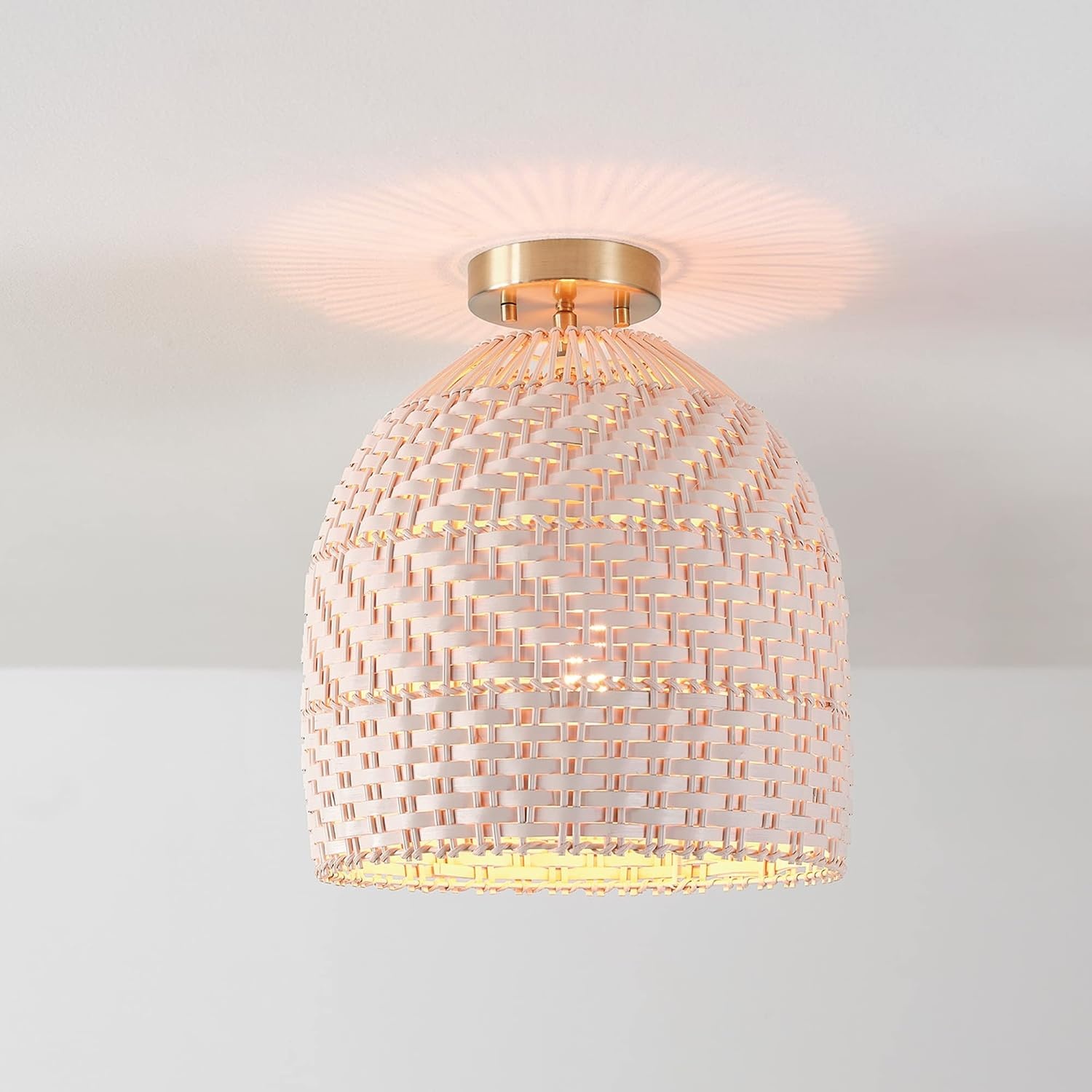 image:imageGlobe Electric 65790 1Light Flush Mount Ceiling Light Matte Brass Cream Rattan Shade