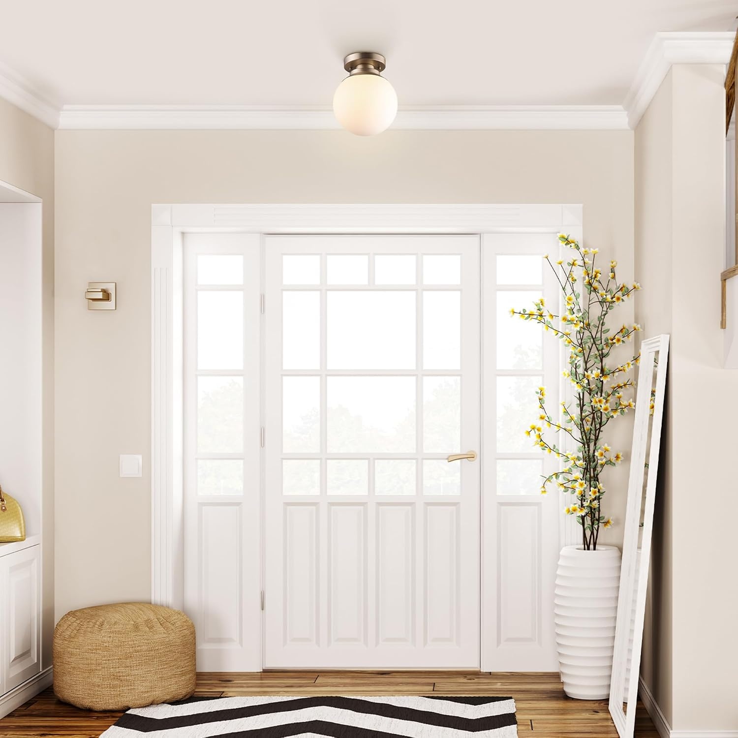 image:imageGlobe Electric 65792 Portland 1Light SemiFlush Mount Ceiling Light Brass Satin Finish Matte Opal White Glass Shade 991
