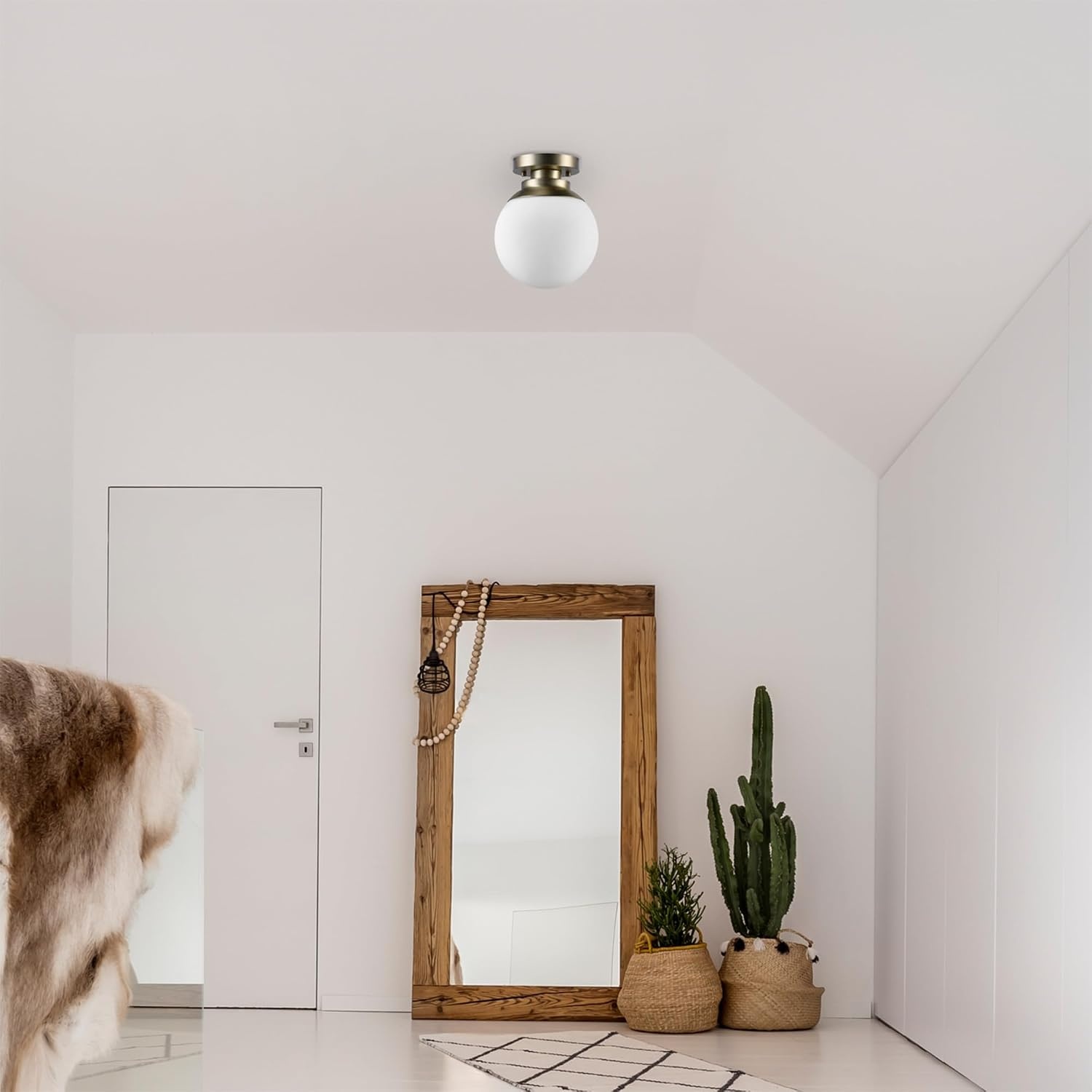 image:imageGlobe Electric 65792 Portland 1Light SemiFlush Mount Ceiling Light Brass Satin Finish Matte Opal White Glass Shade 991