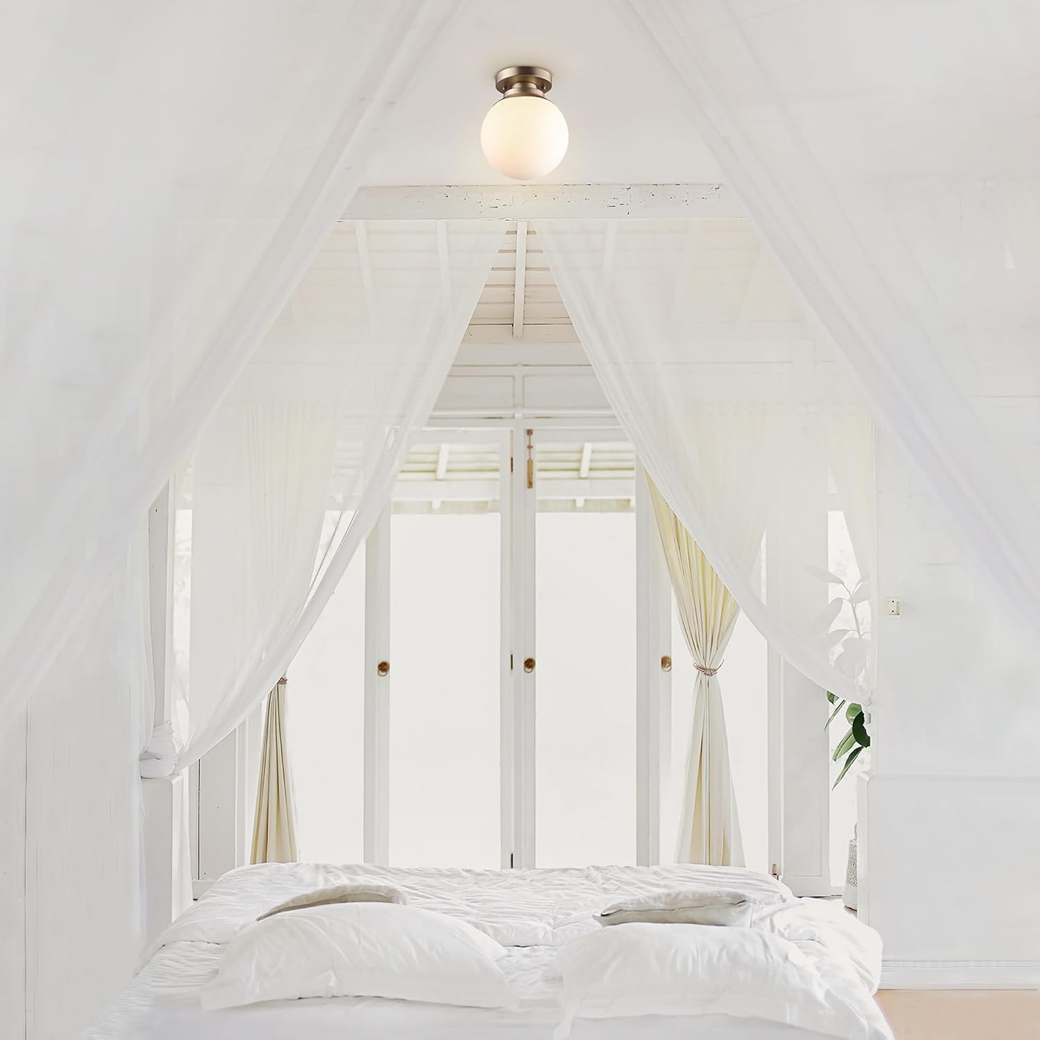 image:imageGlobe Electric 65792 Portland 1Light SemiFlush Mount Ceiling Light Brass Satin Finish Matte Opal White Glass Shade 991