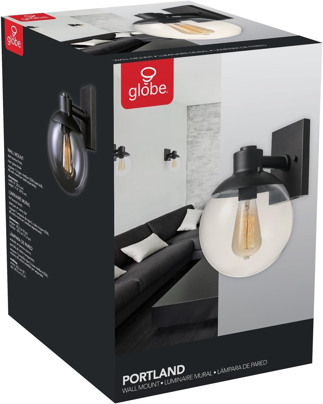 image:imageGlobe Electric 65851 Portland 1Light Wall Sconce Dark Bronze Clear Glass ShadeDark Bronze with Clear Glass