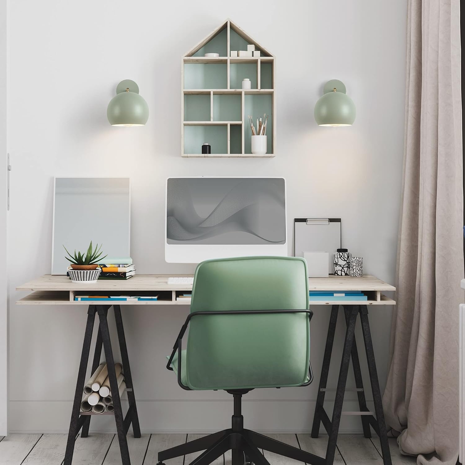 image:imageGlobe Electric 65866 Willow 1Light Plugin or Hardwire Wall Sconce Sage Green Matte Brass Accent Bulb Not Included
