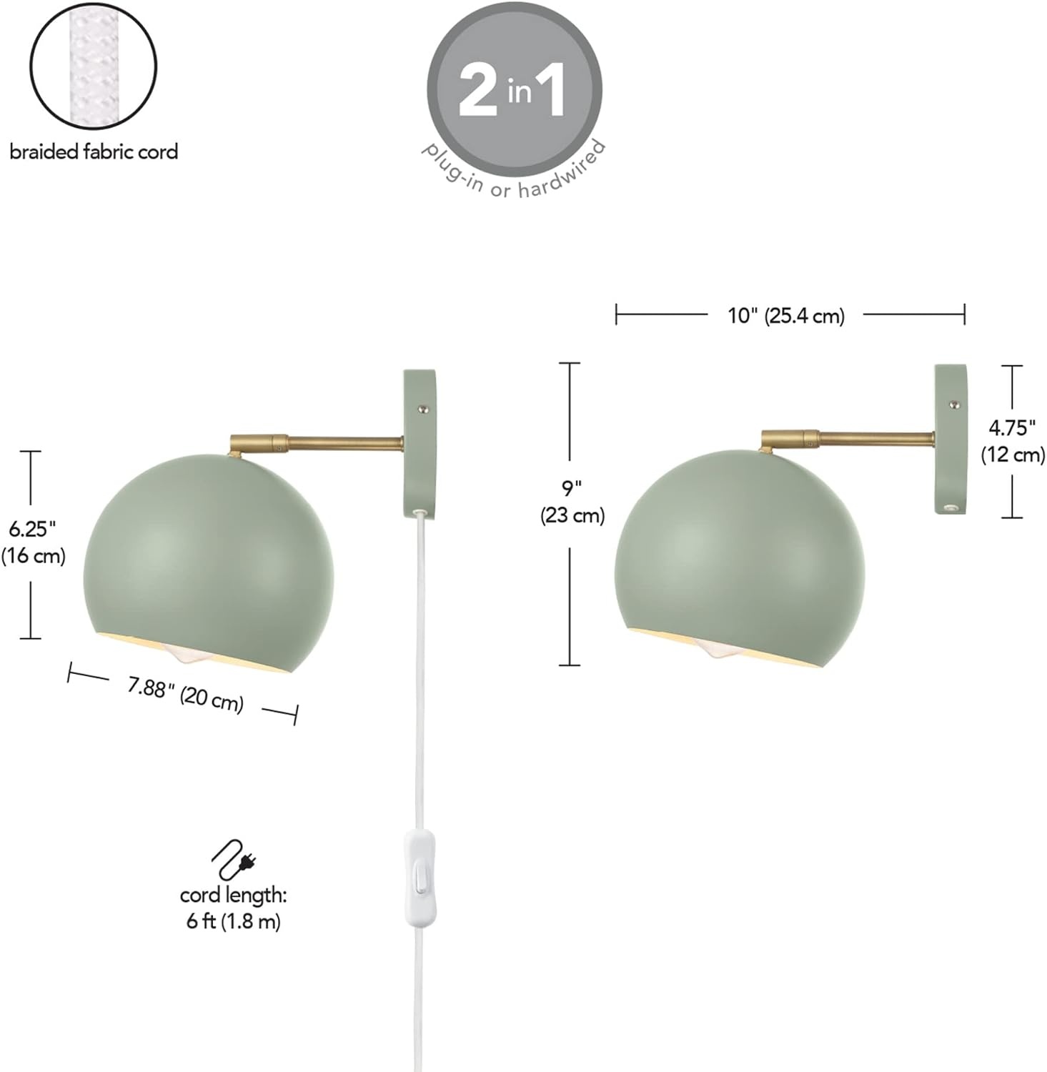 image:imageGlobe Electric 65866 Willow 1Light Plugin or Hardwire Wall Sconce Sage Green Matte Brass Accent Bulb Not Included