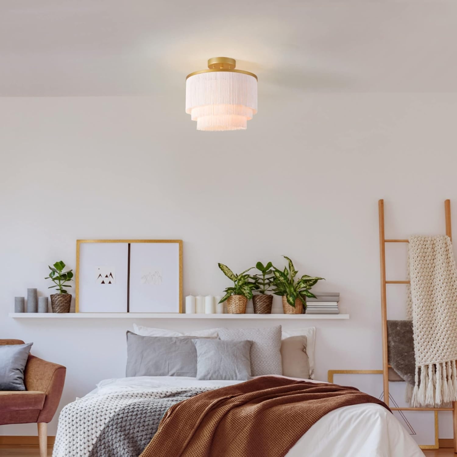 image:imageGlobe Electric 65892 1Light Flush Mount Ceiling Light Matte Gold White Fabric Fringe Shade Bulb Not IncludedPack of 1