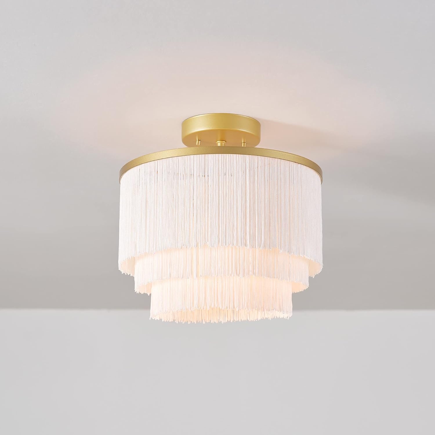 image:imageGlobe Electric 65892 1Light Flush Mount Ceiling Light Matte Gold White Fabric Fringe Shade Bulb Not IncludedPack of 1