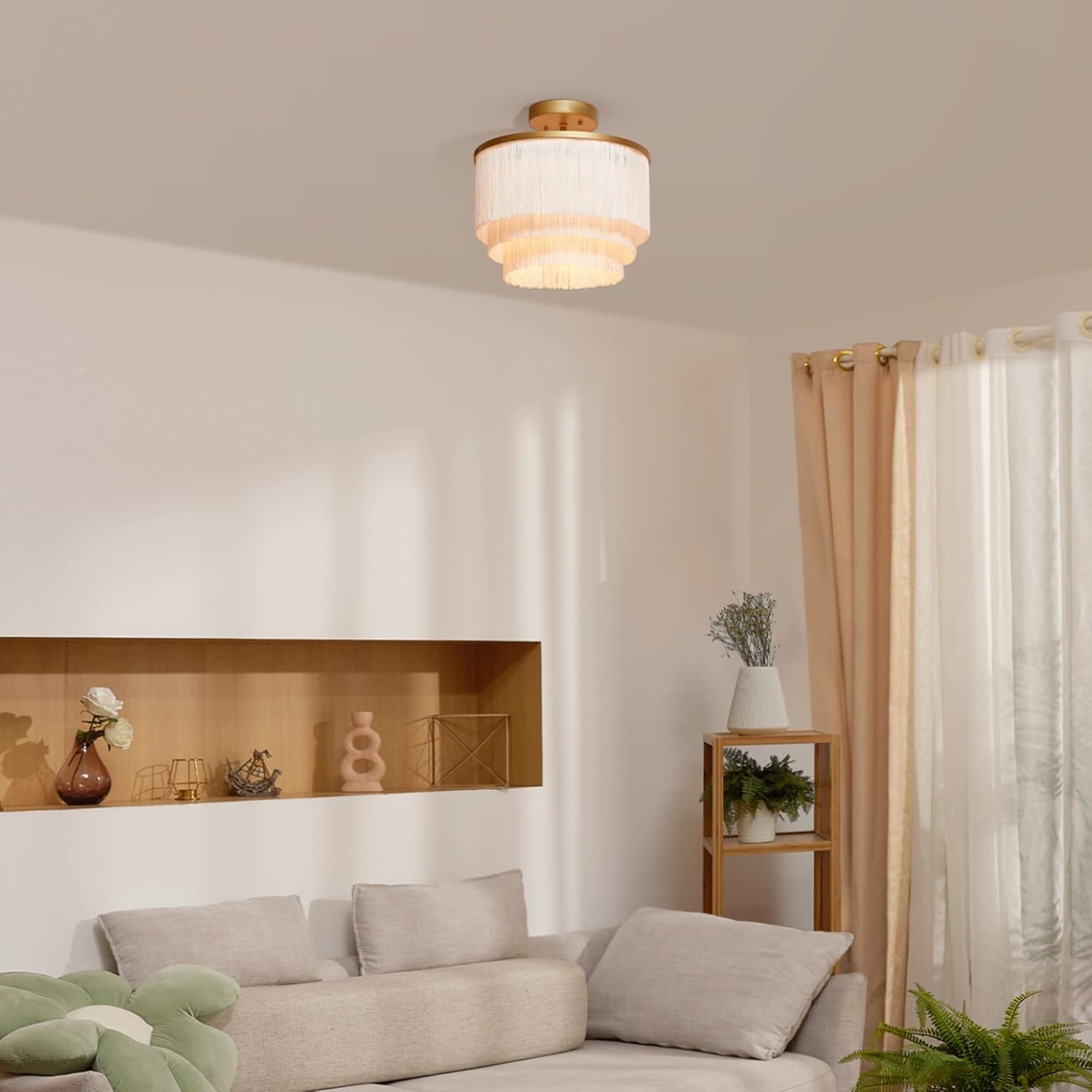image:imageGlobe Electric 65892 1Light Flush Mount Ceiling Light Matte Gold White Fabric Fringe Shade Bulb Not IncludedPack of 1