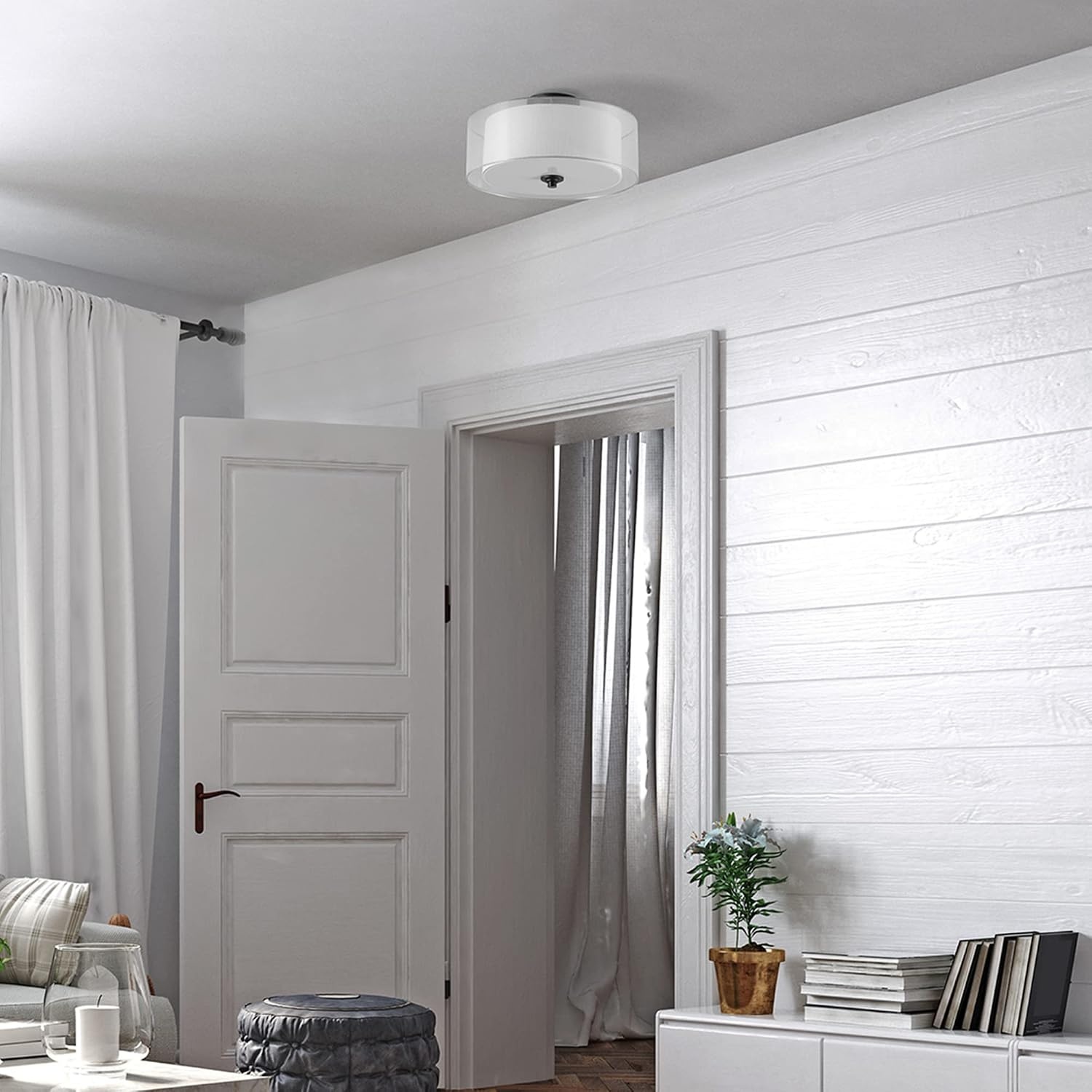 image:imageGlobe Electric 65895 2Light SemiFlush Mount Ceiling Light Matte Black Linen Inner Fabric White Organza Outer Shade Bedroom Lighting Fixtures Ceiling Lighting for Hallway or Dining Room