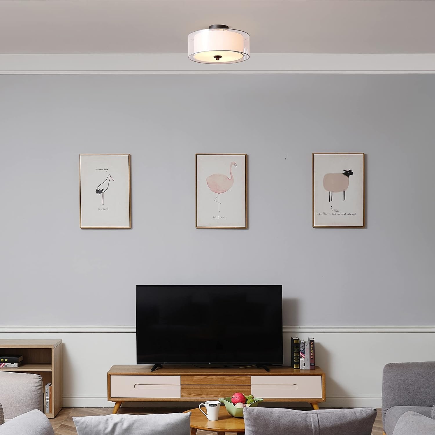 image:imageGlobe Electric 65895 2Light SemiFlush Mount Ceiling Light Matte Black Linen Inner Fabric White Organza Outer Shade Bedroom Lighting Fixtures Ceiling Lighting for Hallway or Dining Room