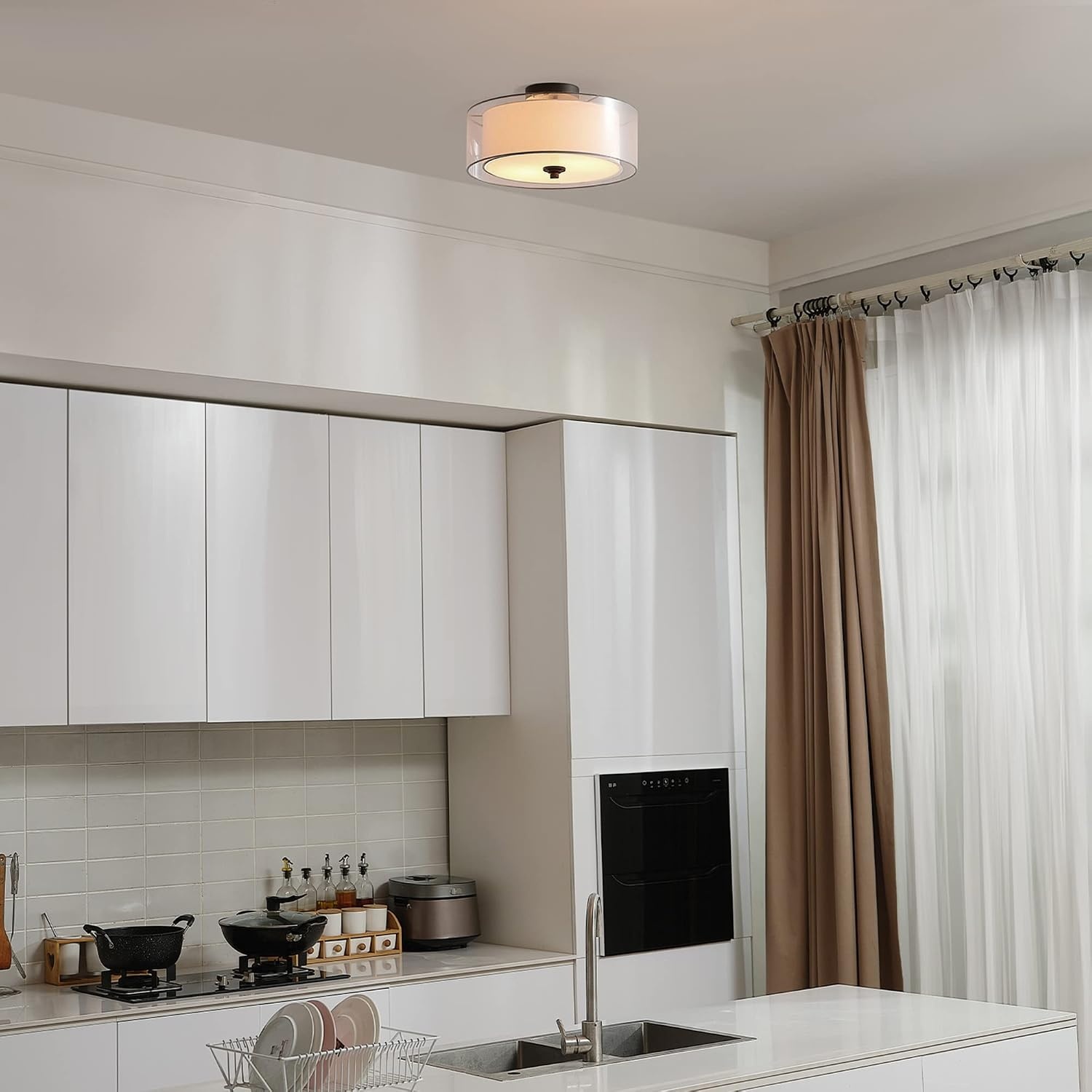 image:imageGlobe Electric 65895 2Light SemiFlush Mount Ceiling Light Matte Black Linen Inner Fabric White Organza Outer Shade Bedroom Lighting Fixtures Ceiling Lighting for Hallway or Dining Room