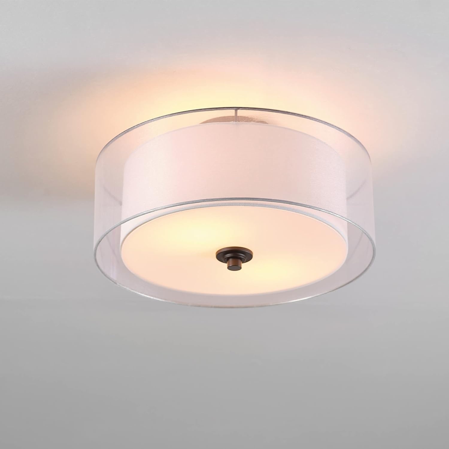 image:imageGlobe Electric 65895 2Light SemiFlush Mount Ceiling Light Matte Black Linen Inner Fabric White Organza Outer Shade Bedroom Lighting Fixtures Ceiling Lighting for Hallway or Dining Room