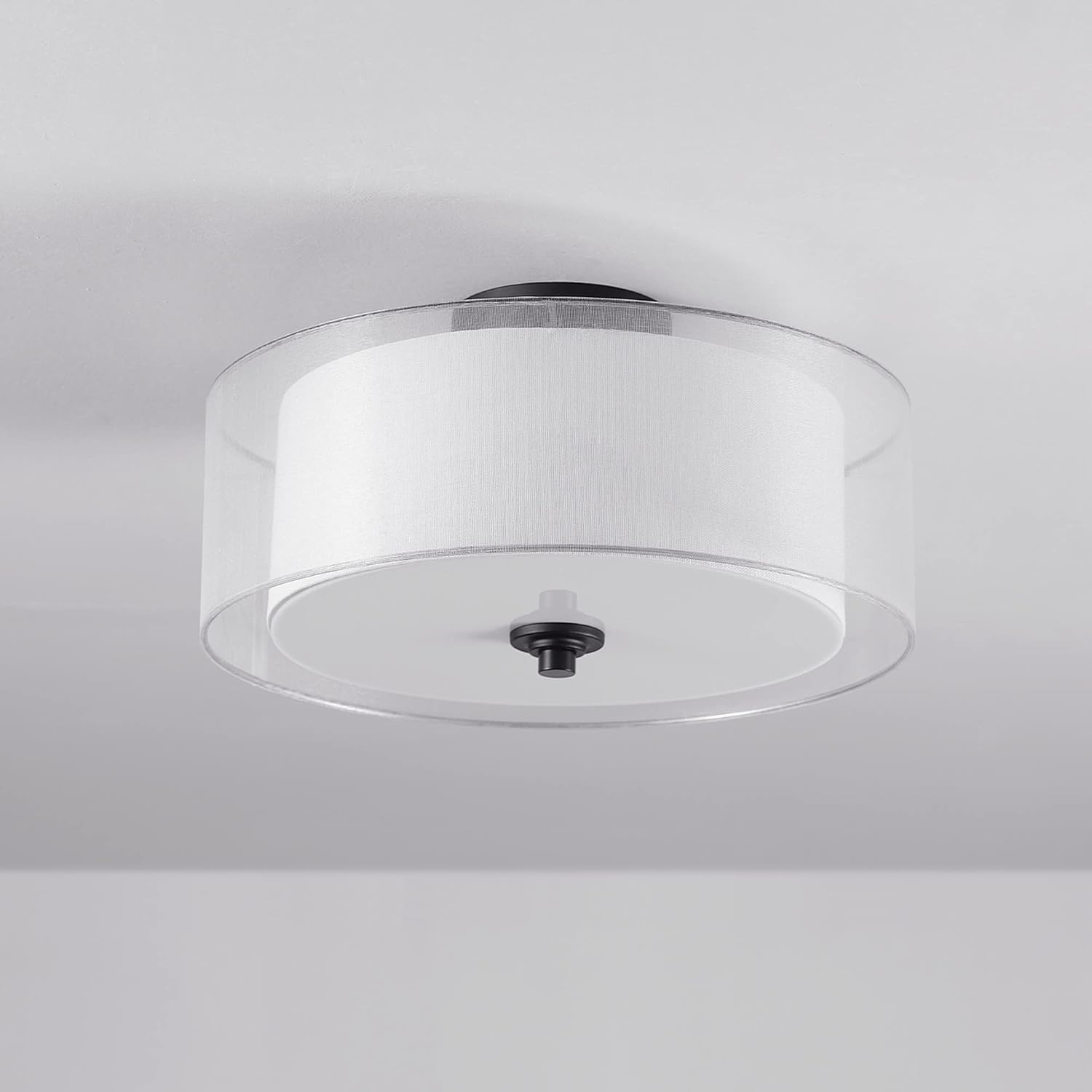 image:imageGlobe Electric 65895 2Light SemiFlush Mount Ceiling Light Matte Black Linen Inner Fabric White Organza Outer Shade Bedroom Lighting Fixtures Ceiling Lighting for Hallway or Dining Room