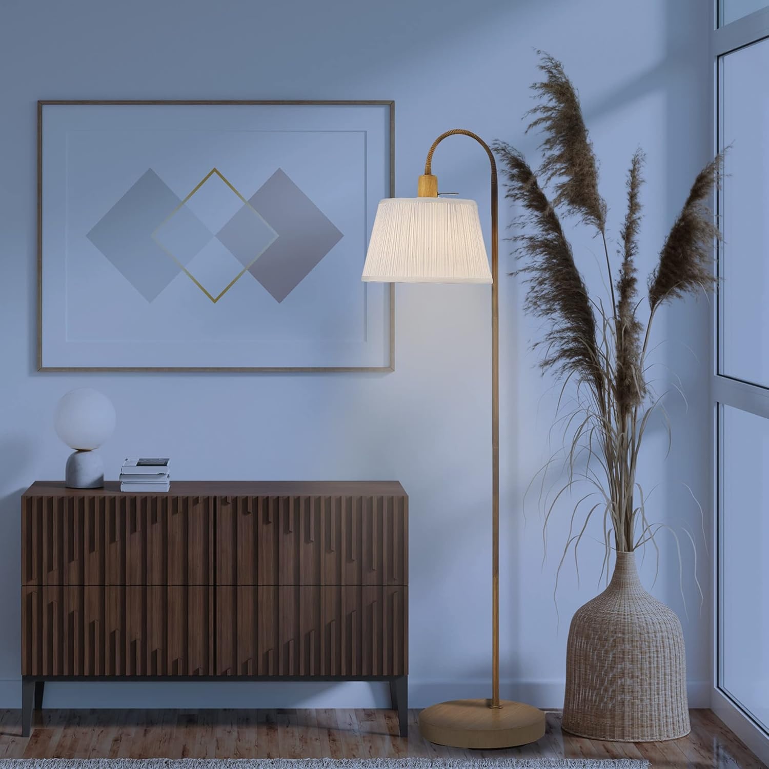image:imageGlobe Electric 65907 52 Floor Lamp Light Faux Wood White Pattern Shade OnOff Rotary Switch on Socket