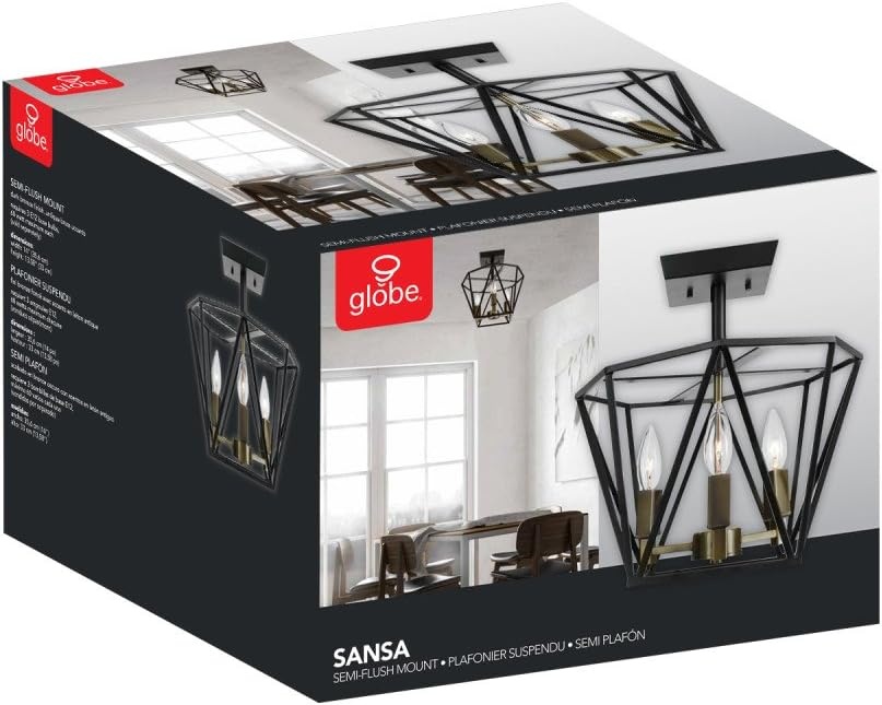 image:imageGlobe Electric 65979 Sansa 3Light SemiFlush Mount Ceiling Light Dark Bronze Finish Antique Brass Accents