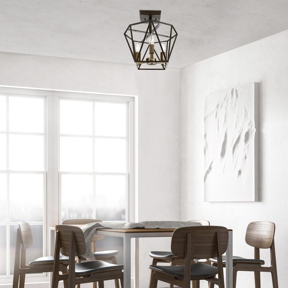 image:imageGlobe Electric 65979 Sansa 3Light SemiFlush Mount Ceiling Light Dark Bronze Finish Antique Brass Accents
