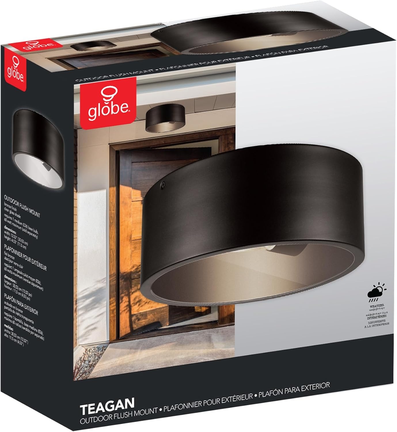 image:imageGlobe Electric 66000038 185W LED Integrated Outdoor Indoor Flush Mount Ceiling Light Fixture Matte White Wood Toned Accent Home Improvement Front Porch LightingBronze Teagan