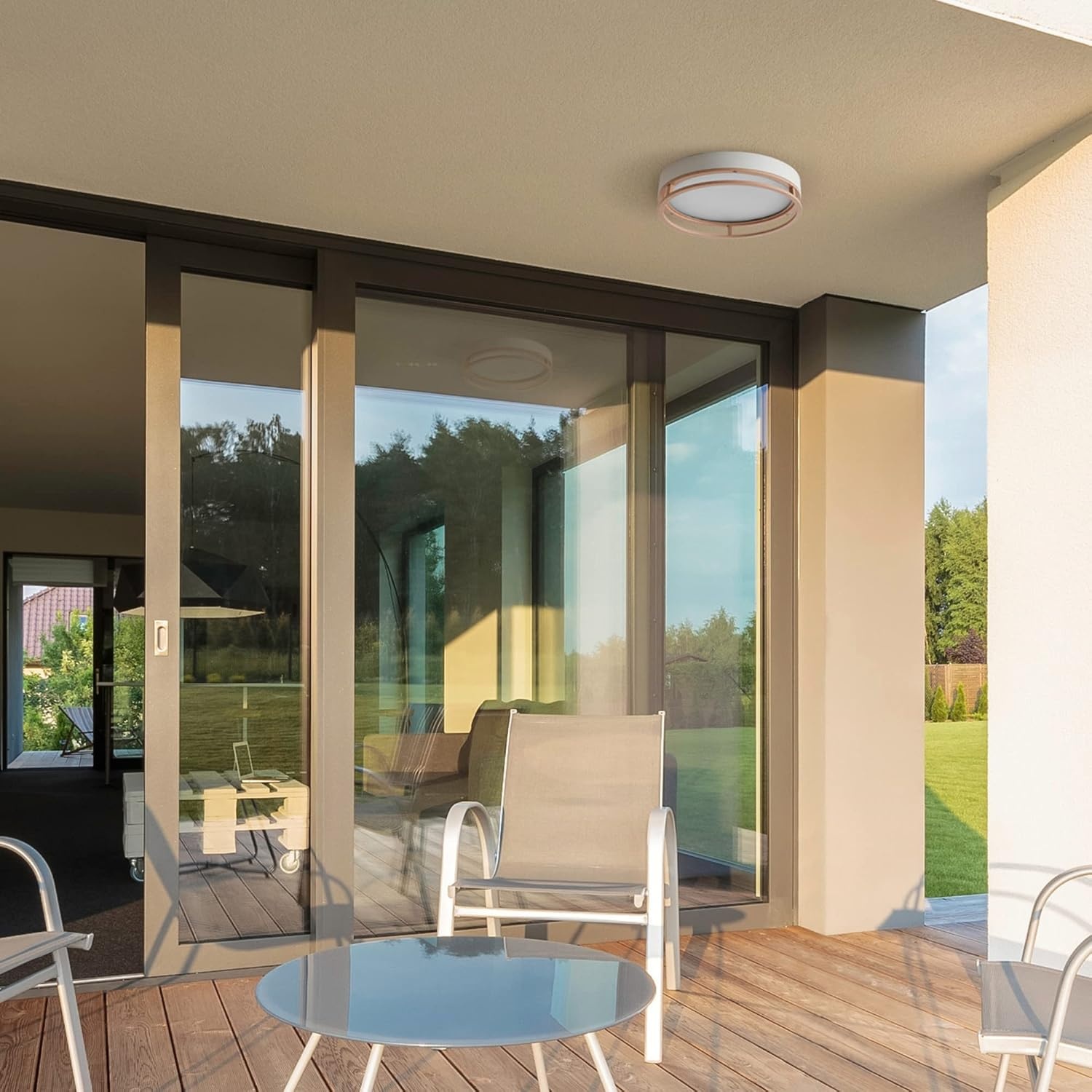 image:imageGlobe Electric 66000038 185W LED Integrated Outdoor Indoor Flush Mount Ceiling Light Fixture Matte White Wood Toned Accent Home Improvement Front Porch LightingWhite Ray