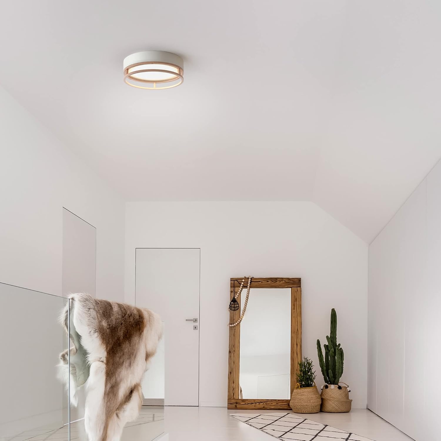 image:imageGlobe Electric 66000038 185W LED Integrated Outdoor Indoor Flush Mount Ceiling Light Fixture Matte White Wood Toned Accent Home Improvement Front Porch LightingWhite Ray