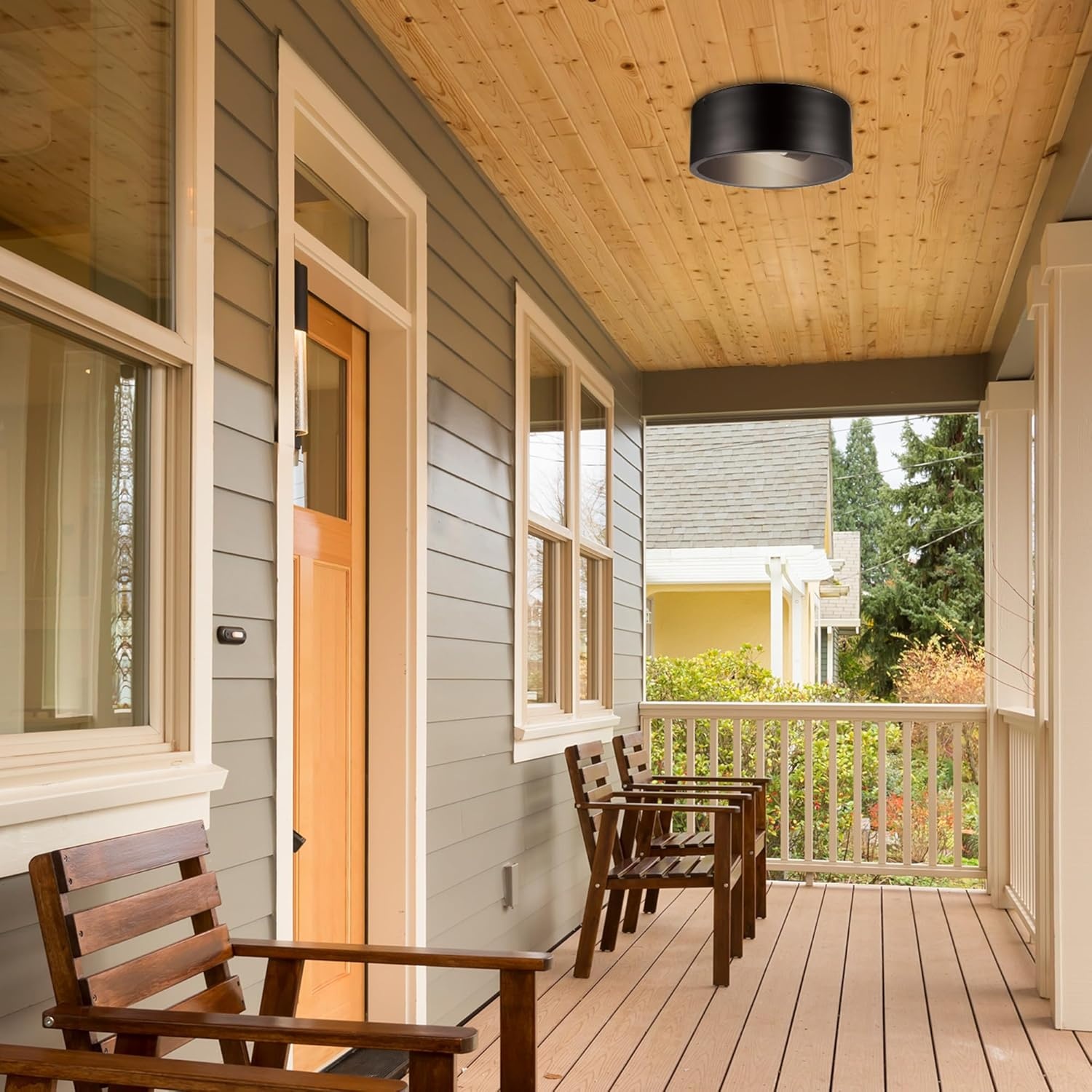 image:imageGlobe Electric 66000038 185W LED Integrated Outdoor Indoor Flush Mount Ceiling Light Fixture Matte White Wood Toned Accent Home Improvement Front Porch LightingBronze Teagan