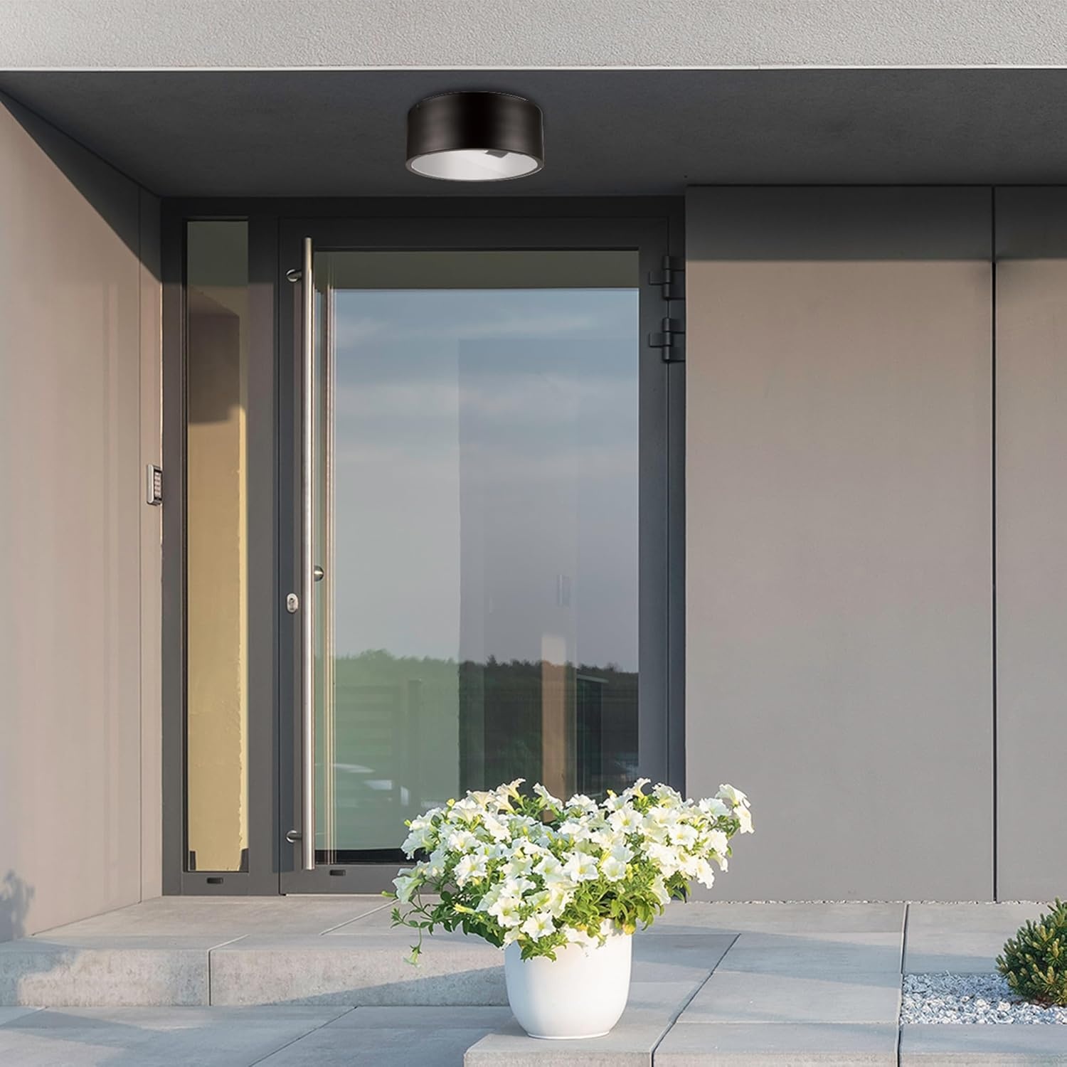 image:imageGlobe Electric 66000038 185W LED Integrated Outdoor Indoor Flush Mount Ceiling Light Fixture Matte White Wood Toned Accent Home Improvement Front Porch LightingBronze Teagan