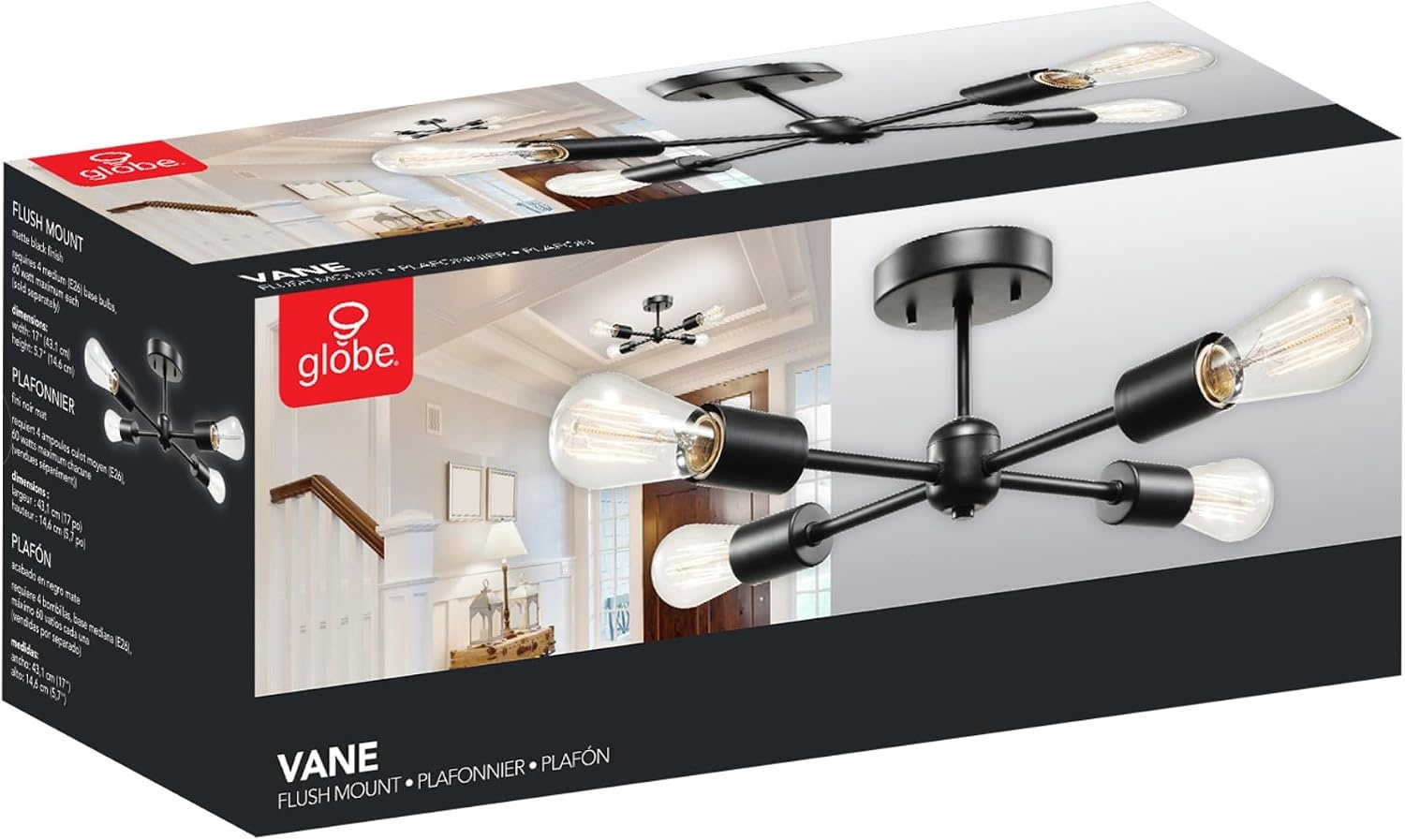image:imageGlobe Electric 66000072 4Light Adjustable Socket SemiFlush Mount Ceiling Light Matte Black Matte Brass Accents Ceiling Light Fixture Home Improvement E26 Base Pivot Joint Exposed SocketBlack