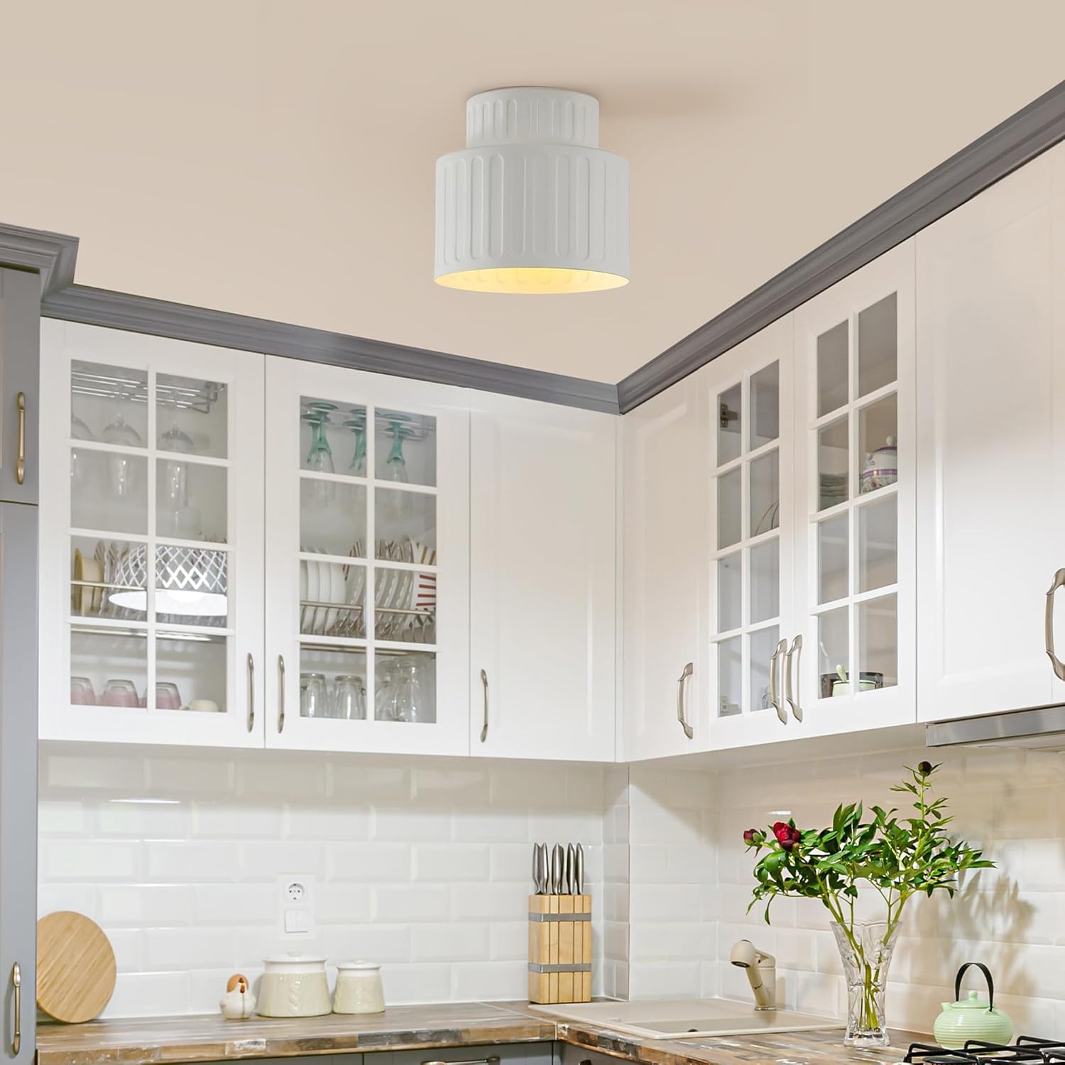 image:imageGlobe Electric 66000076 1Light Flush Mount Ceiling Light Matte Black and White Opal Glass Dual Shade Modern Lighting for Kitchen Island or Dining Room Wall and Dimmer Switch CompatibleFauxCeramic Shade White