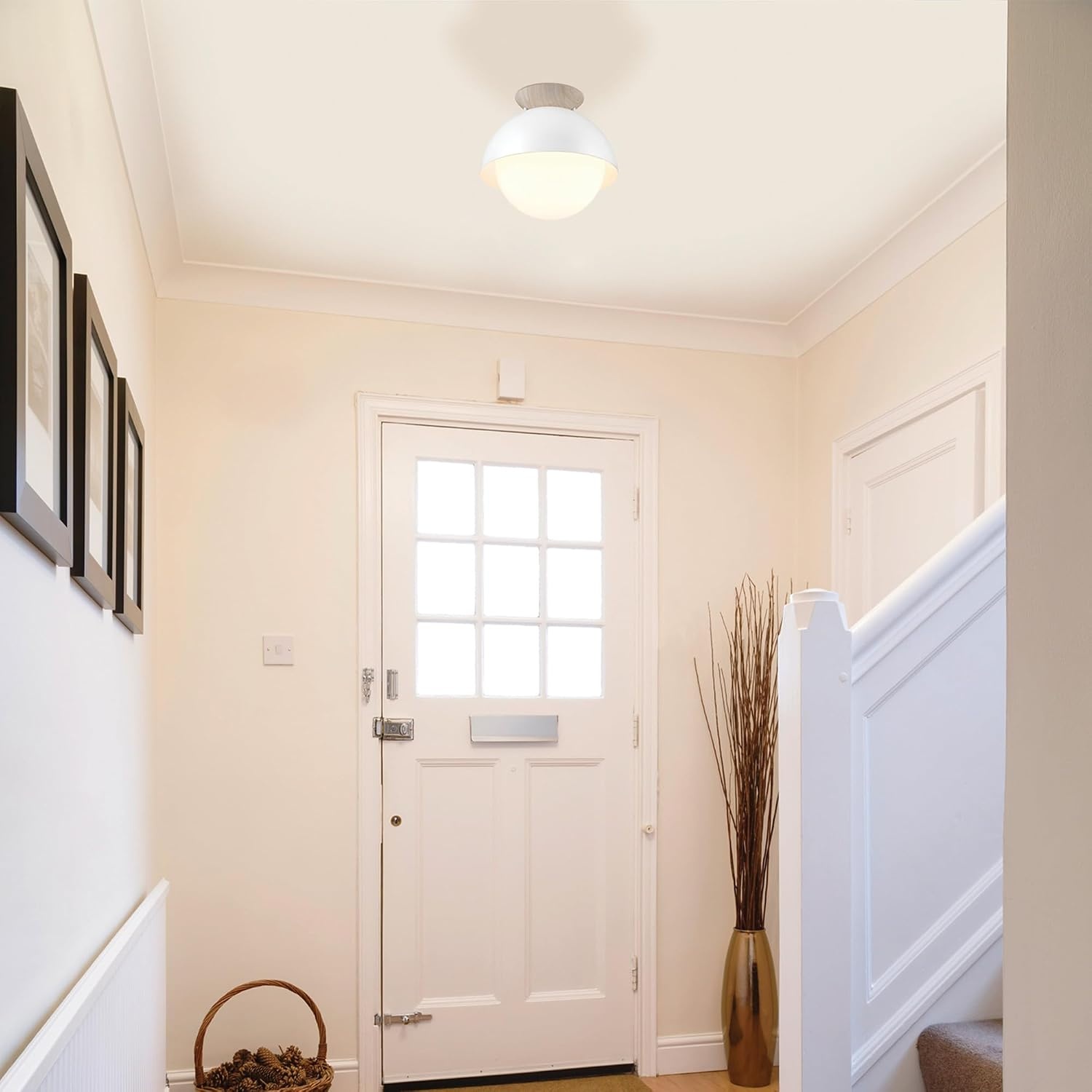 image:imageGlobe Electric 66000076 1Light Flush Mount Ceiling Light Matte Black and White Opal Glass Dual Shade Modern Lighting for Kitchen Island or Dining Room Wall and Dimmer Switch CompatibleMatte Brass Oswald