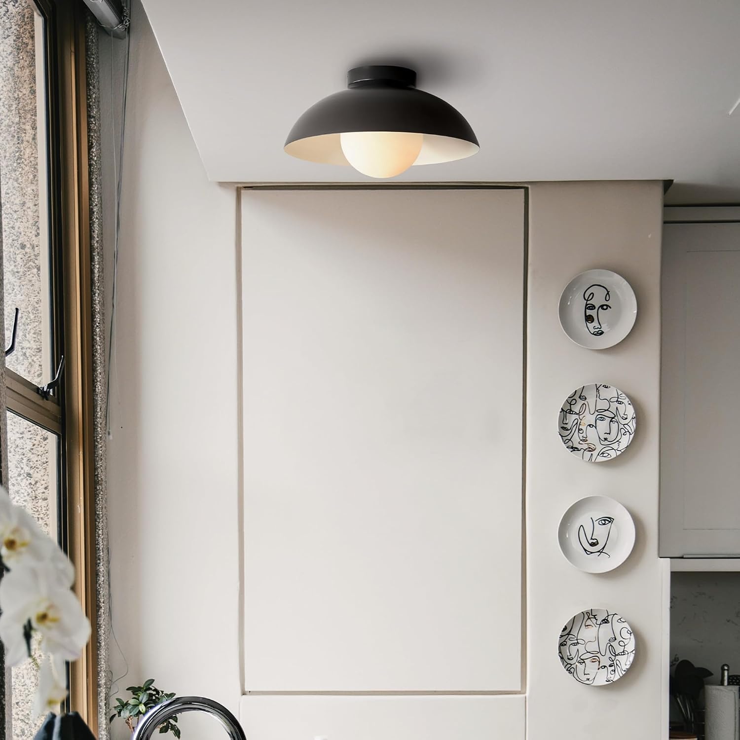 image:imageGlobe Electric 66000076 1Light Flush Mount Ceiling Light Matte Black and White Opal Glass Dual Shade Modern Lighting for Kitchen Island or Dining Room Wall and Dimmer Switch CompatibleBlack Bronze Trim